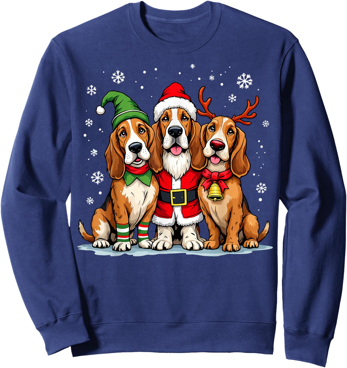Basset Hound Christmas Dogs Funny Santa Reindeer Elf Holiday Sweatshirt - Sweatshirt | Navy