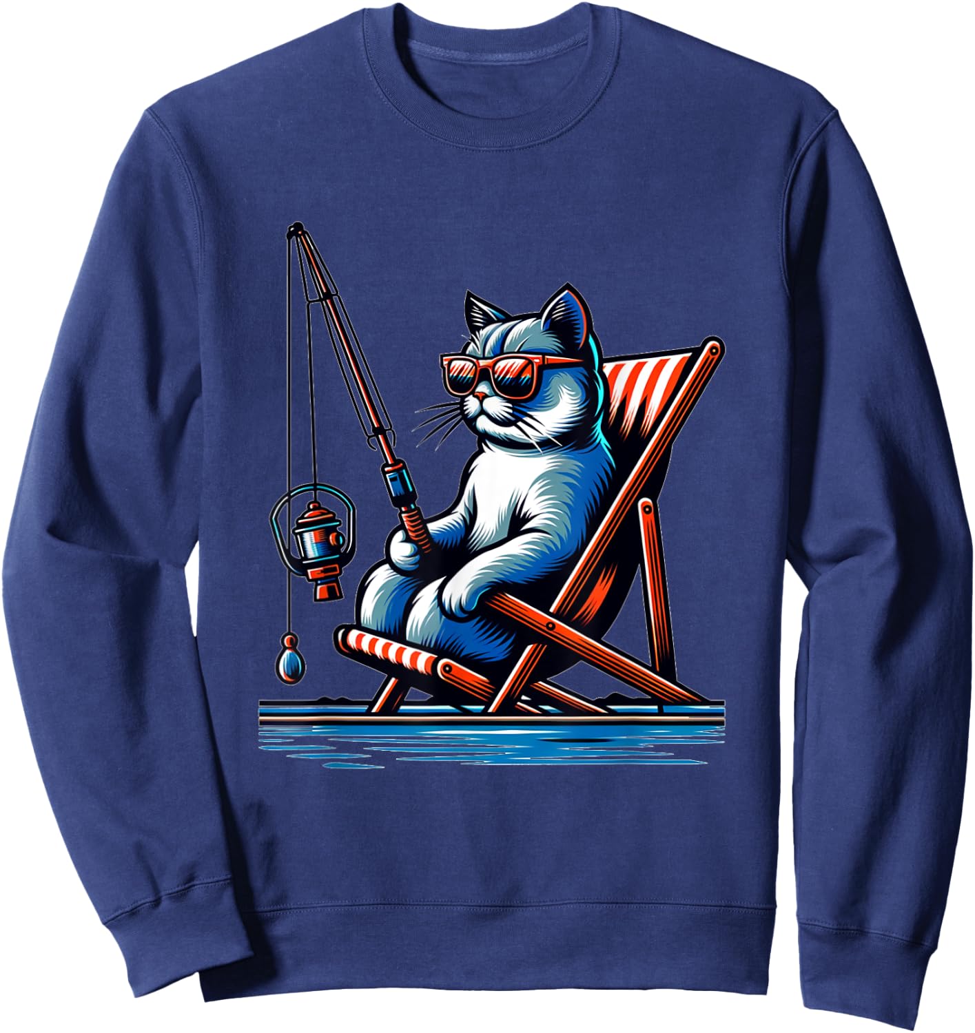 Cool Cat Things Funny Fishing Cat , Black, Small Sweatshirt - Sweatshirt | Navy