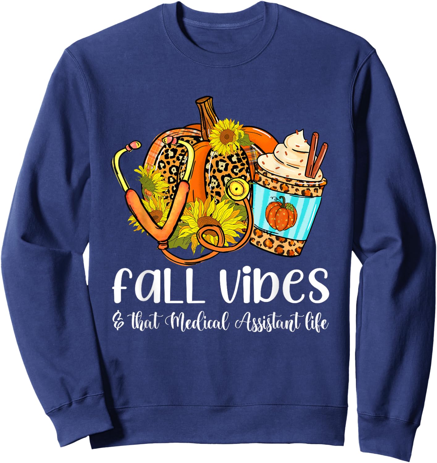 Fall Vibes & That Medical Assistant Life Leopard Pumpkin Sweatshirt - Sweatshirt | Navy