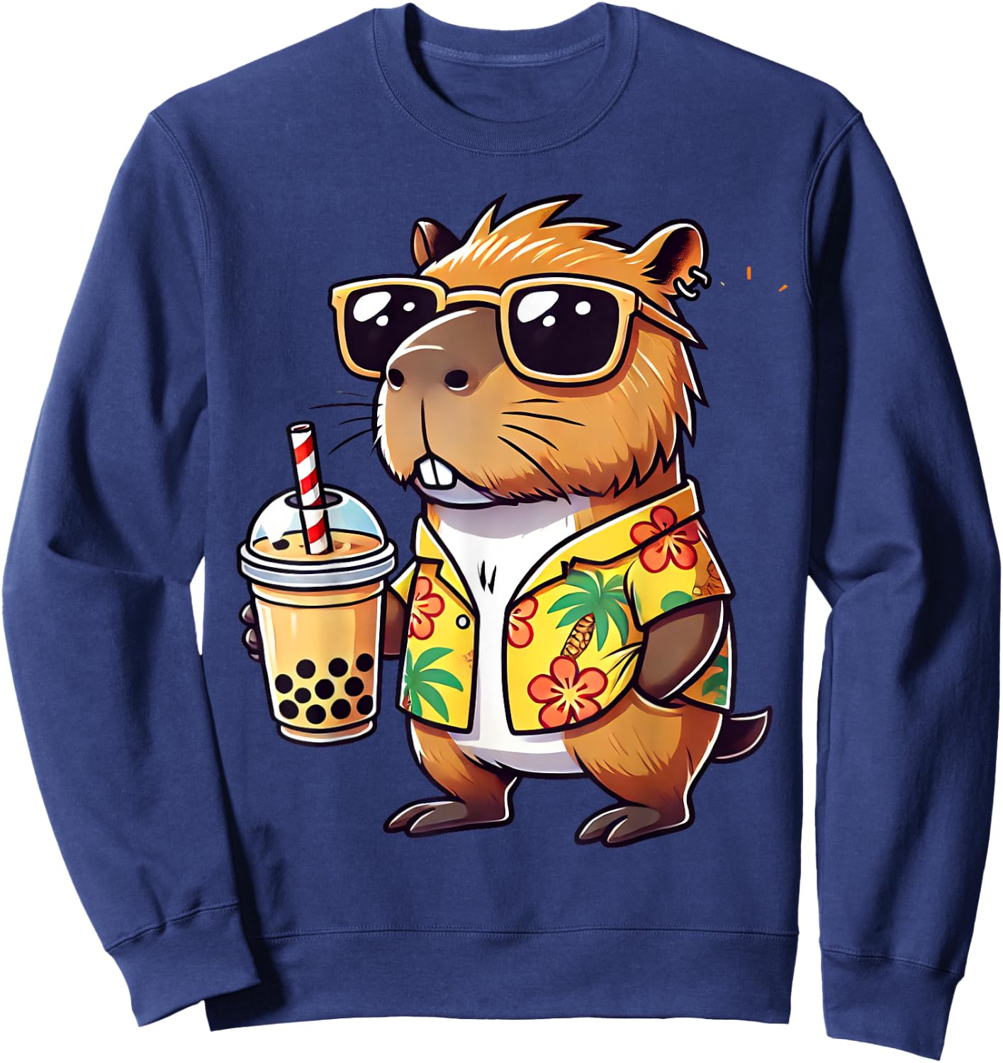 Funny Capybara Summer Hawaii Boba Tea Sunglass Men Women Sweatshirt - Sweatshirt | Navy