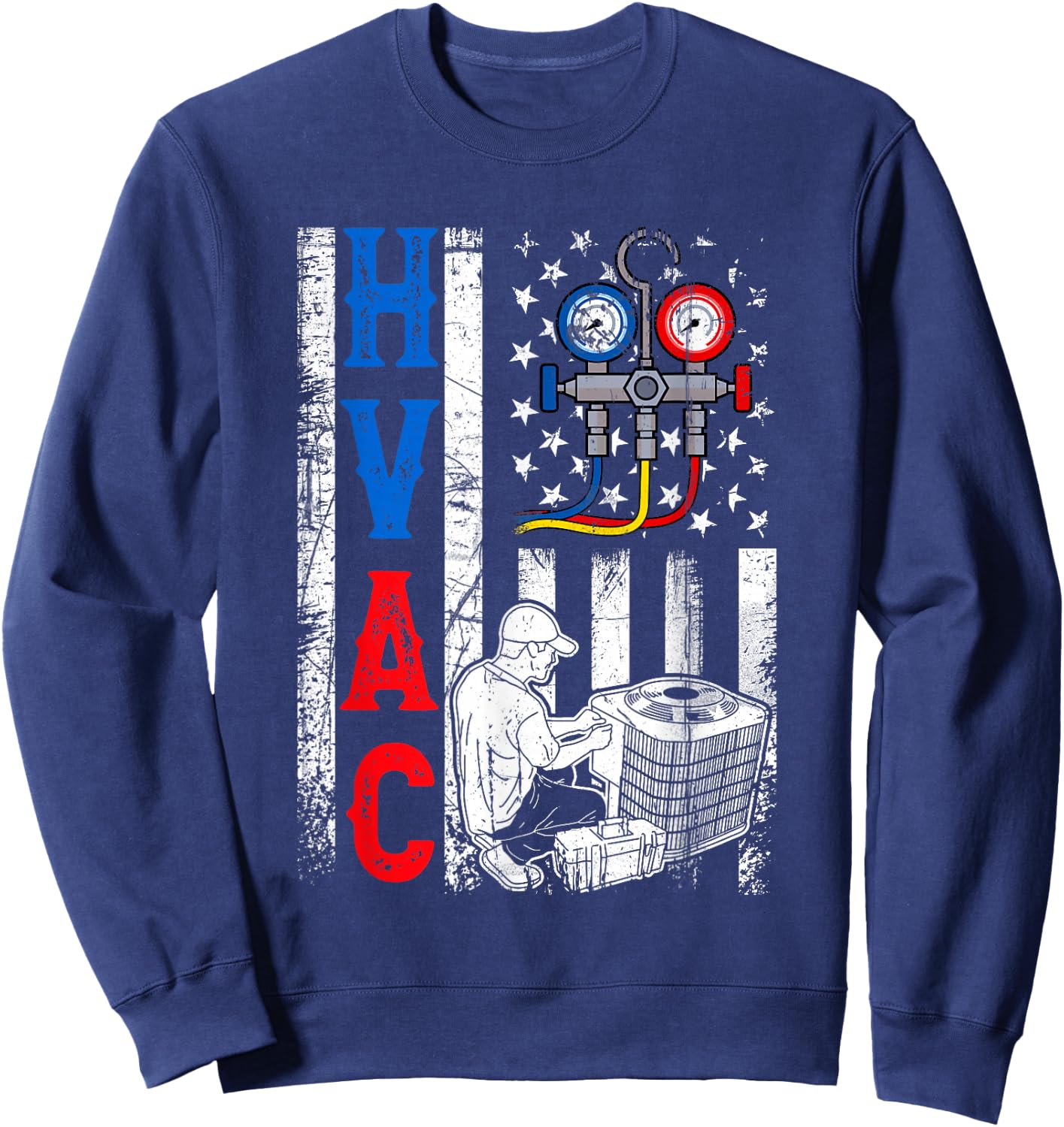 Distressed Proud USA HVAC Tech American Flag HVAC Technician Sweatshirt - Sweatshirt | Navy