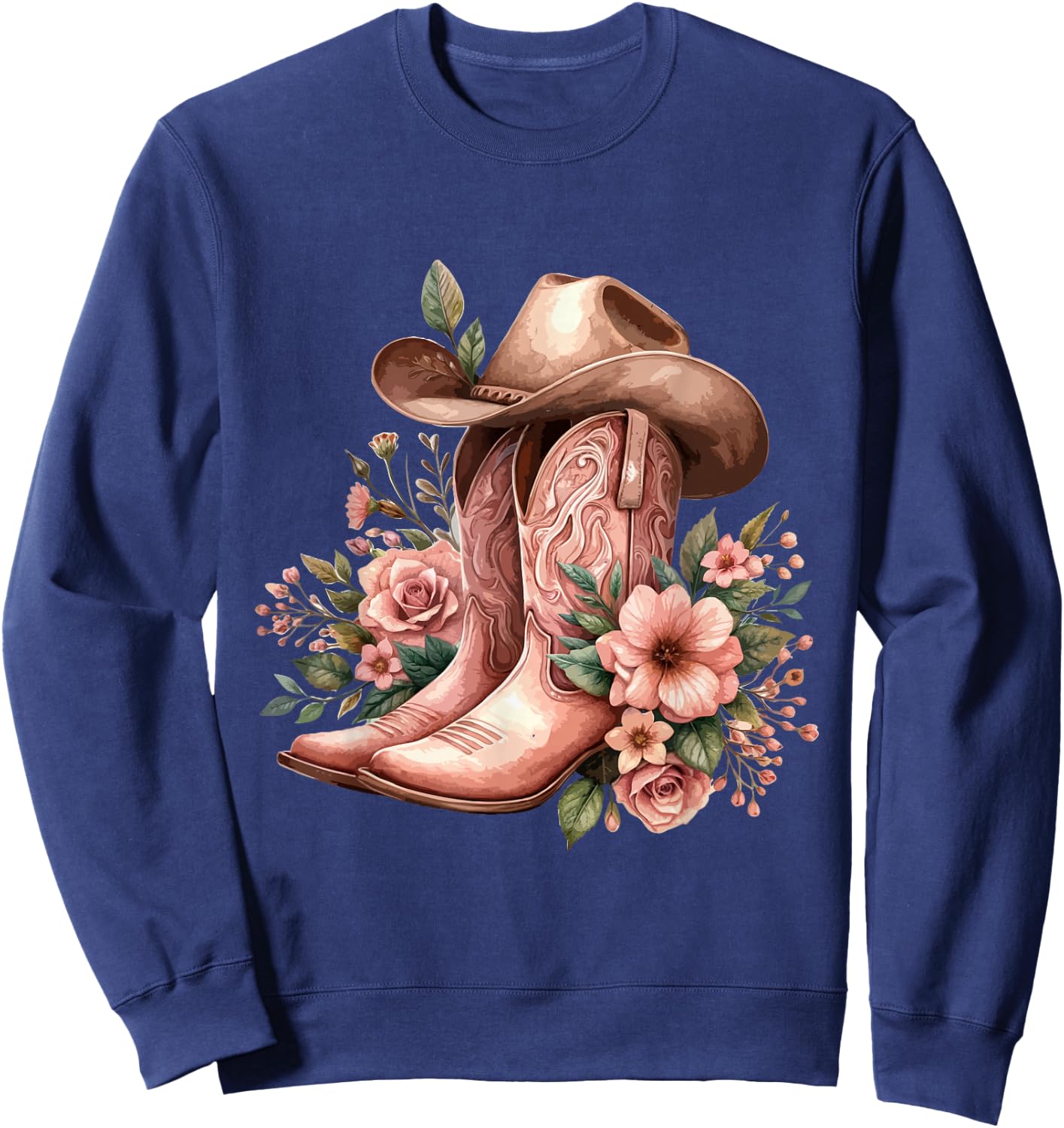 Boho Watercolor Cowgirl Boots Hat Floral Boots Western Boots Sweatshirt - Sweatshirt | Navy