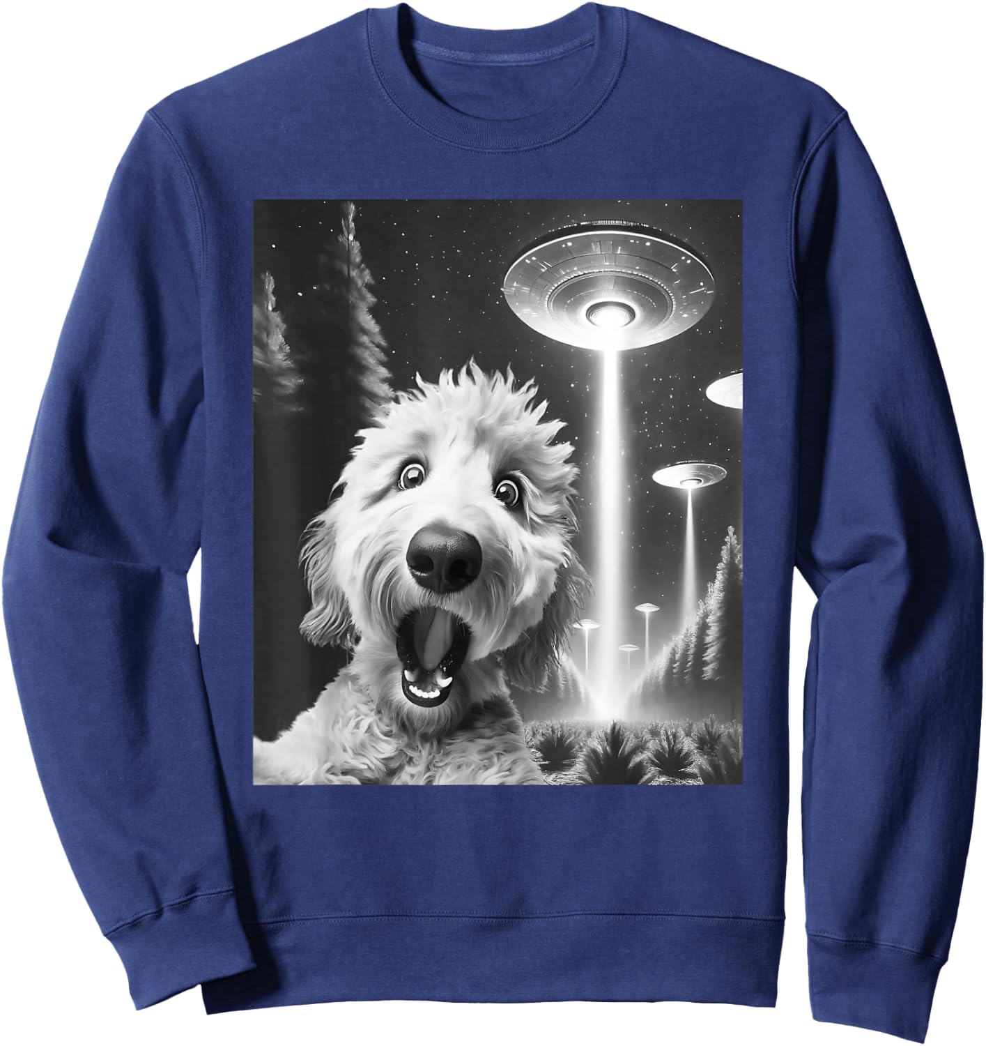 Funny Goldendoodle Alien UFO Taking a Selfie Dog Mom Dad Sweatshirt - Sweatshirt | Navy