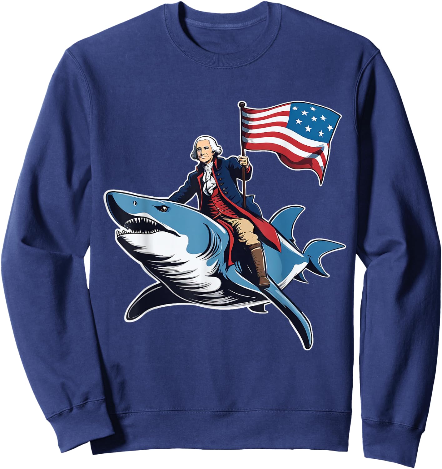 Awesome Patriotic George Washington 4th Of July Shark Riding Women Kids Men Sweatshirt - Sweatshirt | Navy
