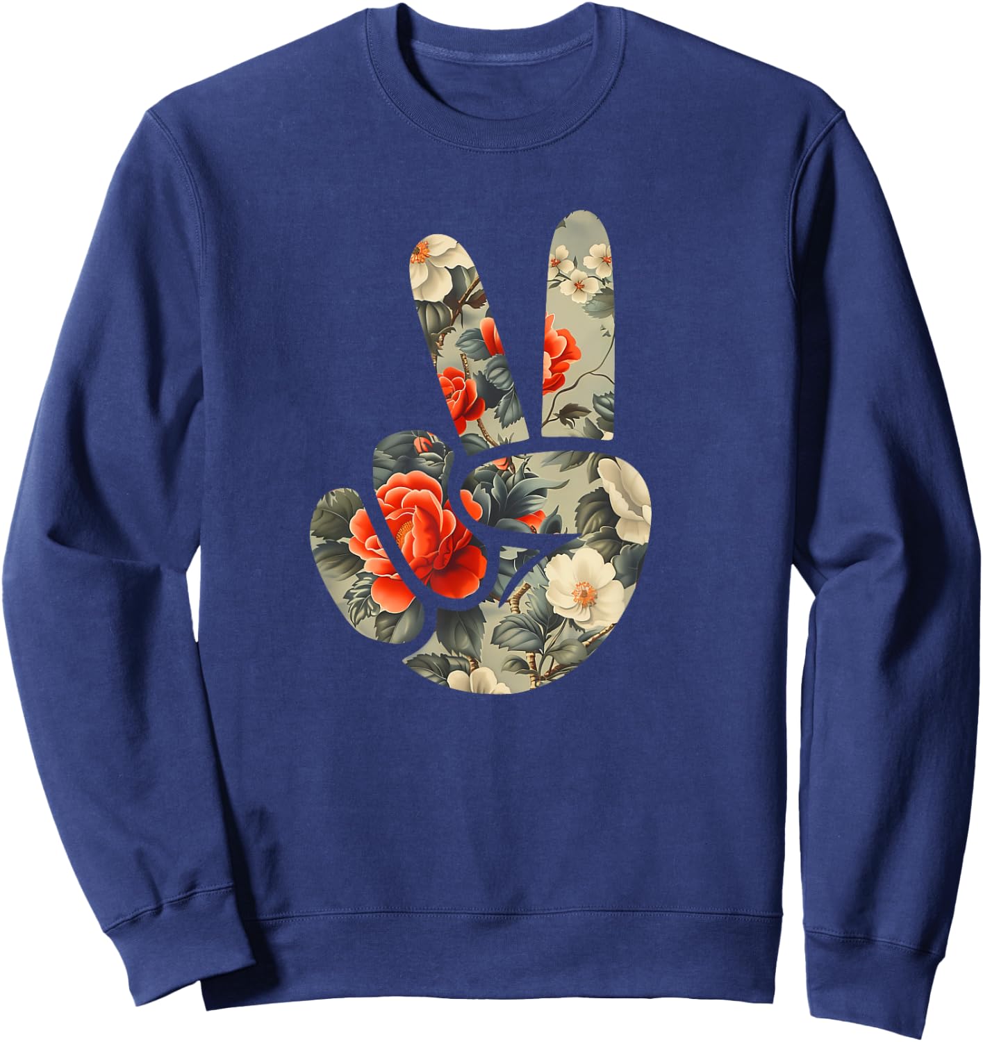 Elegant Silhouette Wildflowers Floral Peace Sign Hand Sweatshirt - Sweatshirt | Navy