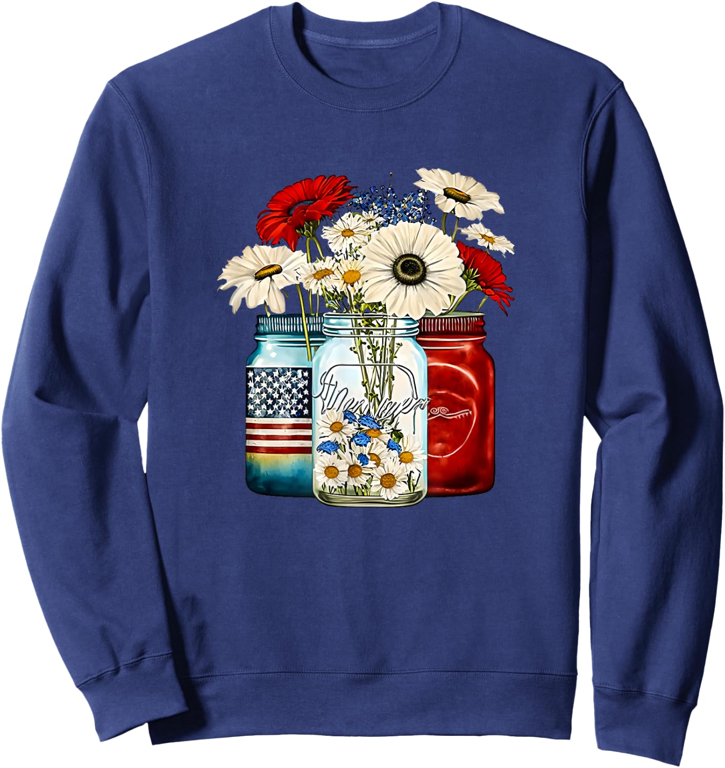 American Patriotic USA Flag Jars with Daisy 4th Of July Men Sweatshirt - Sweatshirt | Navy