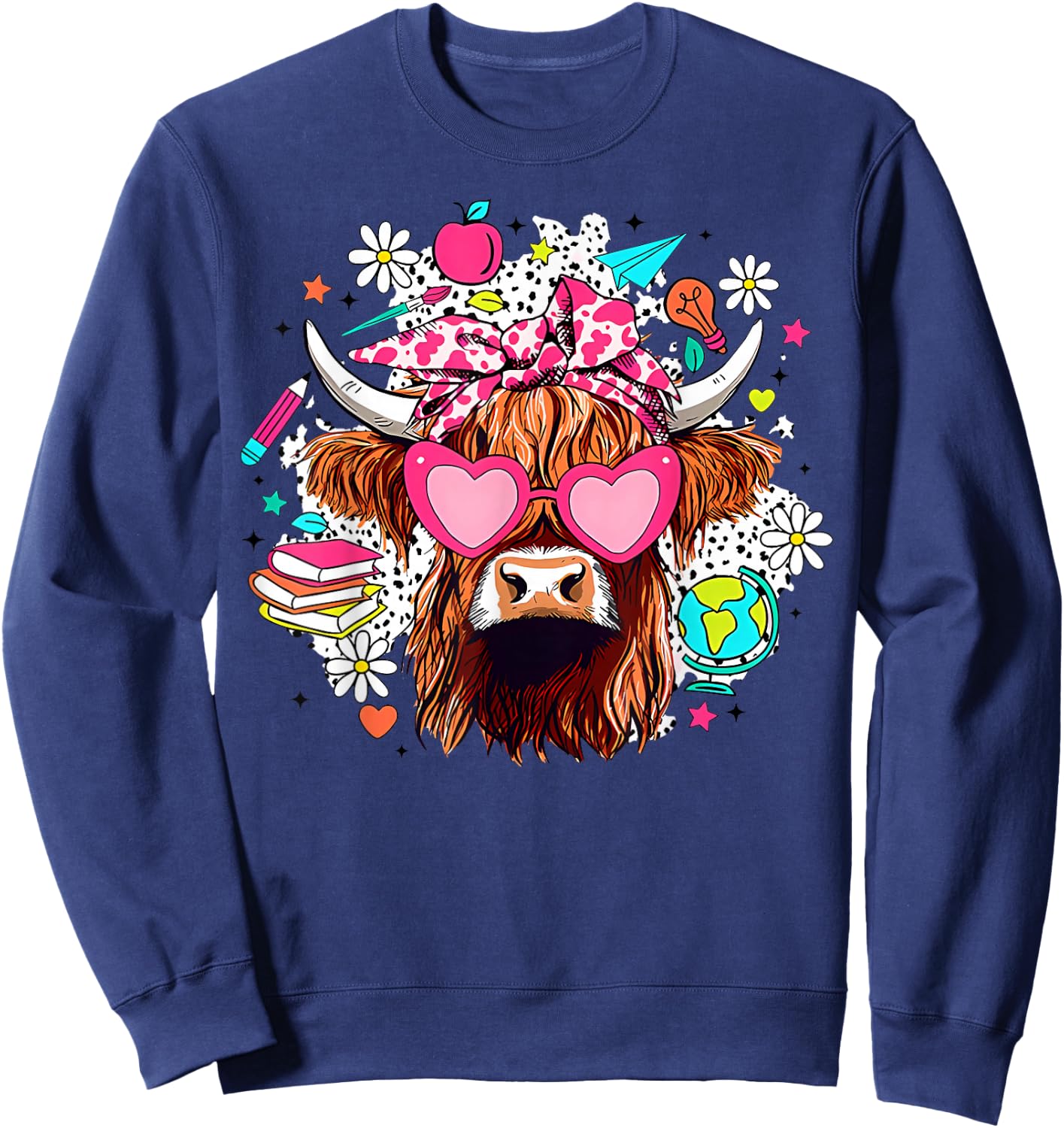 Retro Cute Highland Cow Teacher Bow Flower Heart Glasses Sweatshirt - Sweatshirt | Navy