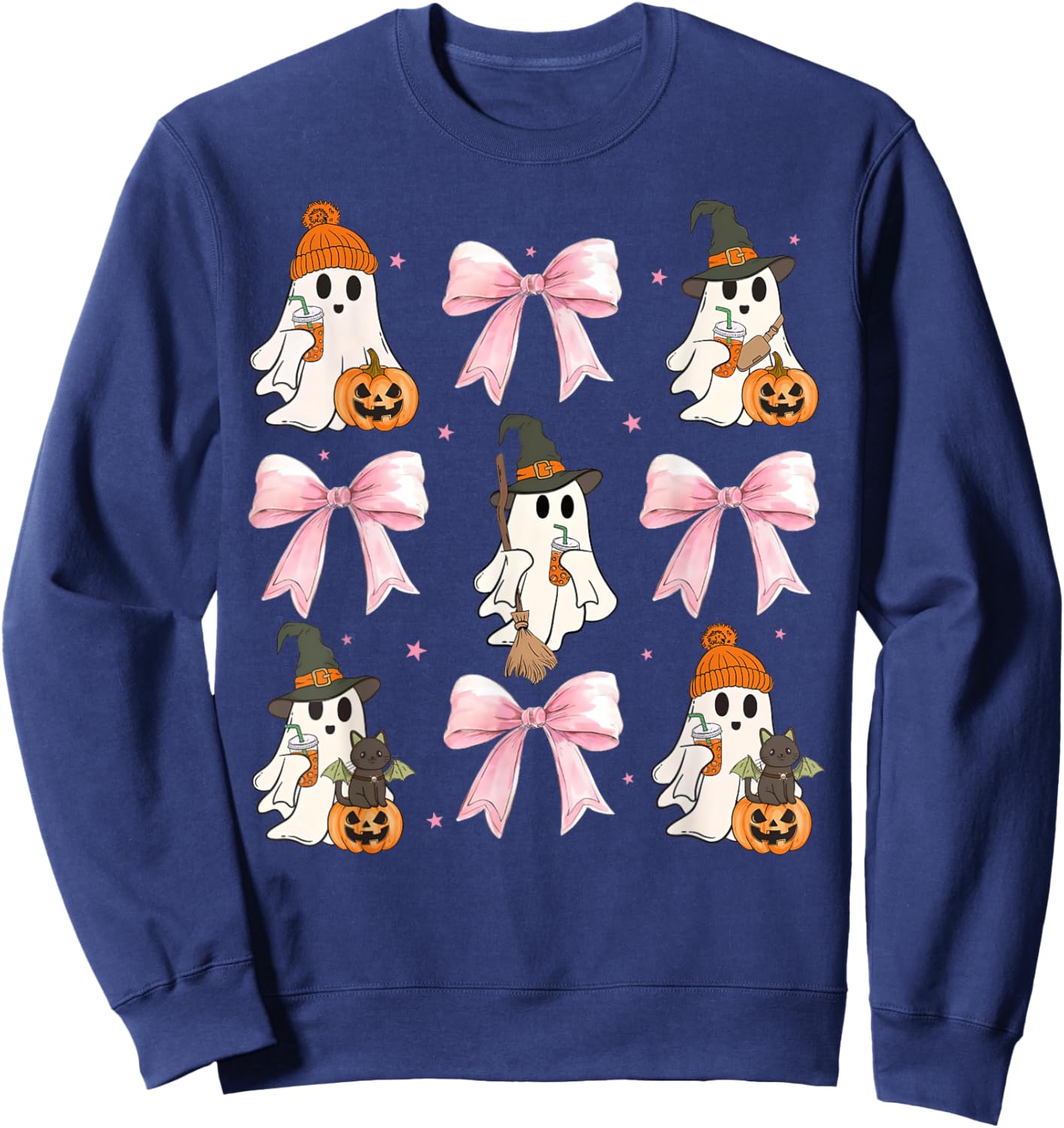 Pink Bow Cute Coquette Ghost Drinking Coffee Funny Halloween Sweatshirt - Sweatshirt | Navy