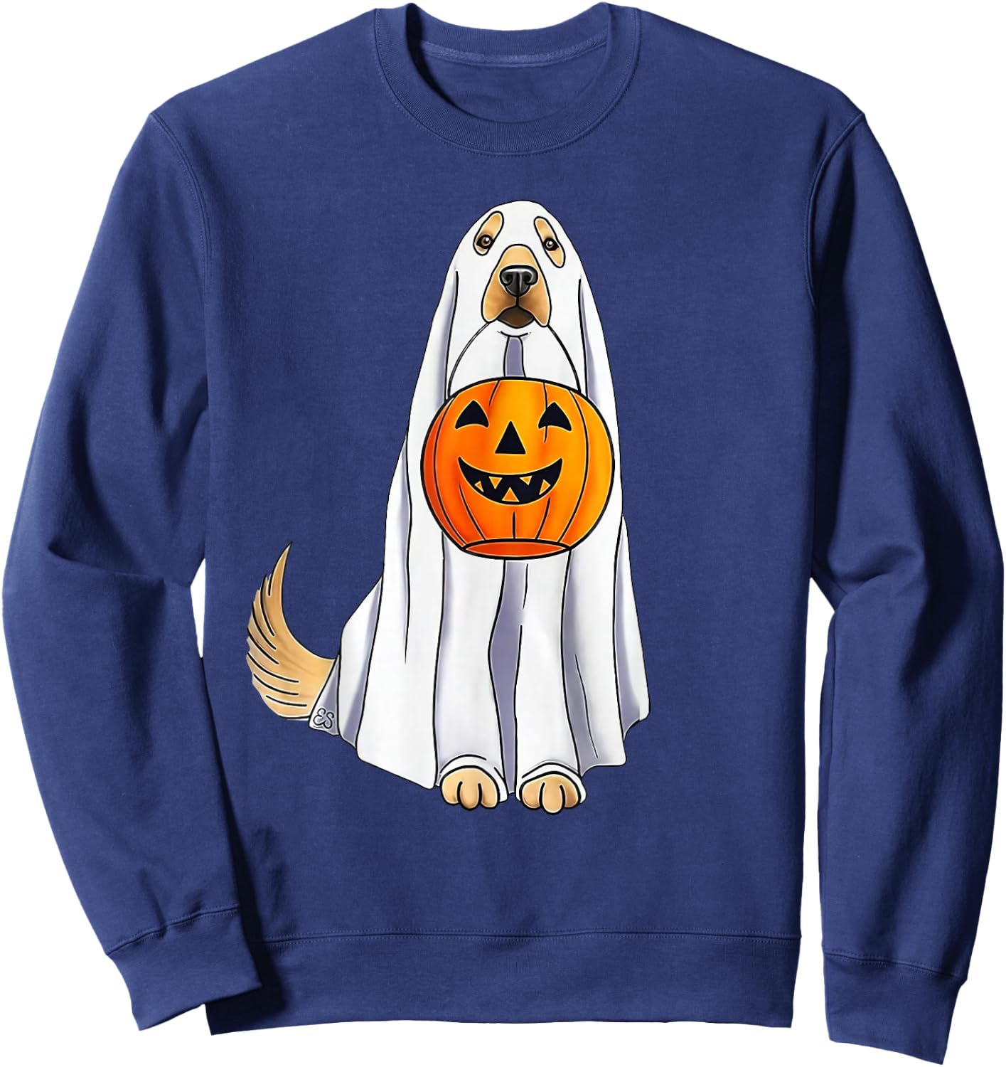 Funny Halloween Golden Retriever Dog Ghost and Pumpkin Women Sweatshirt - Sweatshirt | Navy