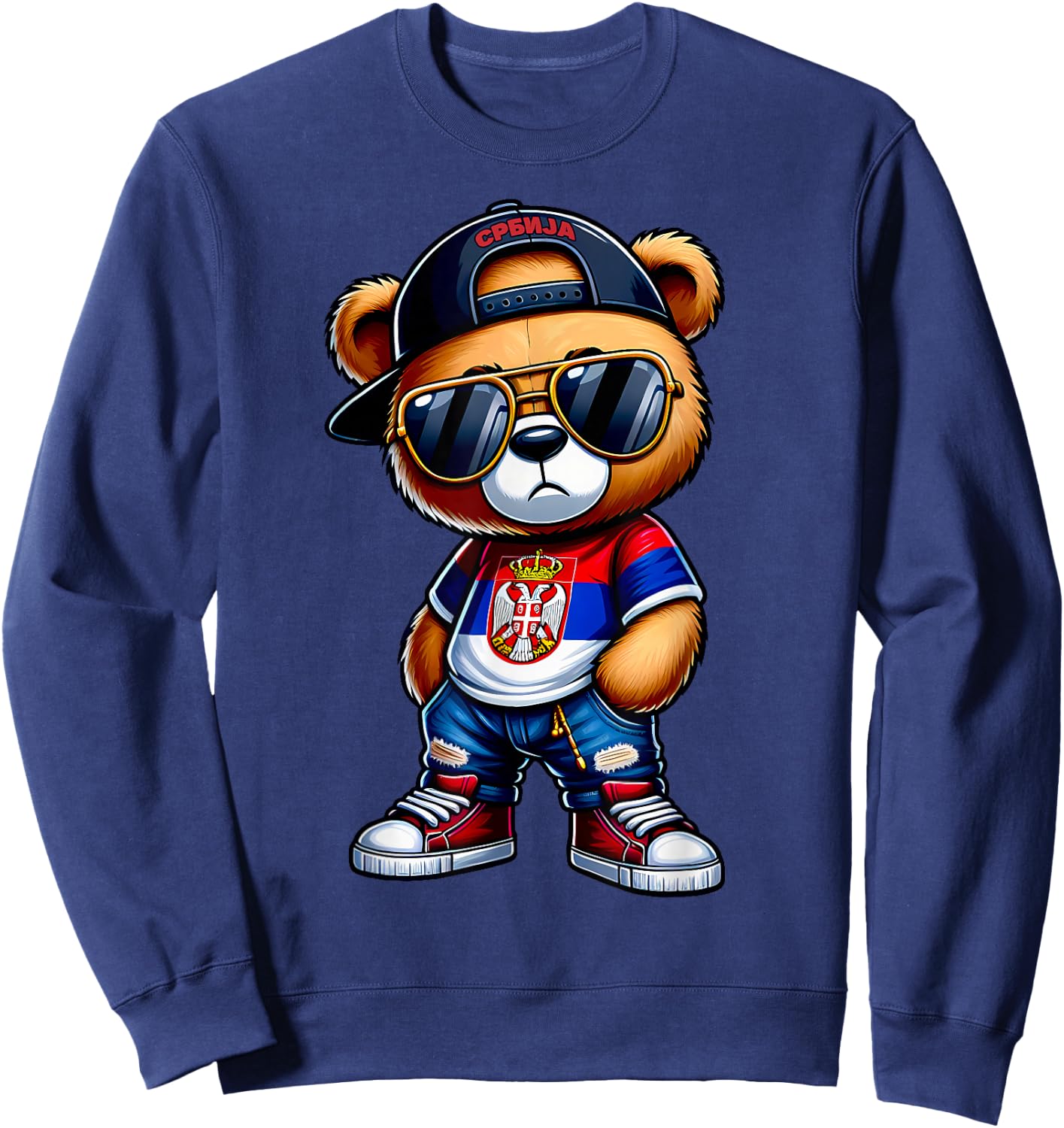 Cute Serbian Teddy Bear with Serbia Flag Yugoslavia Gift Sweatshirt - Sweatshirt | Navy