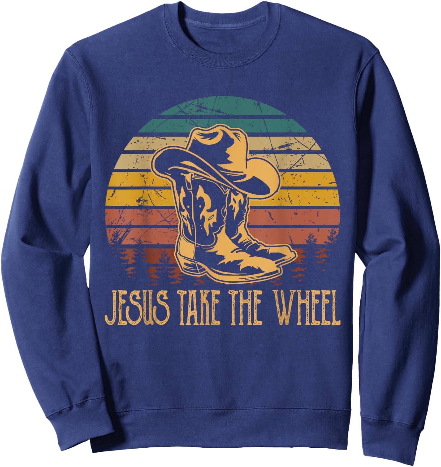 Vintage Funny Music Designs Jesus Take The Wheel Western Horse Riding Sweatshirt - Sweatshirt | Navy