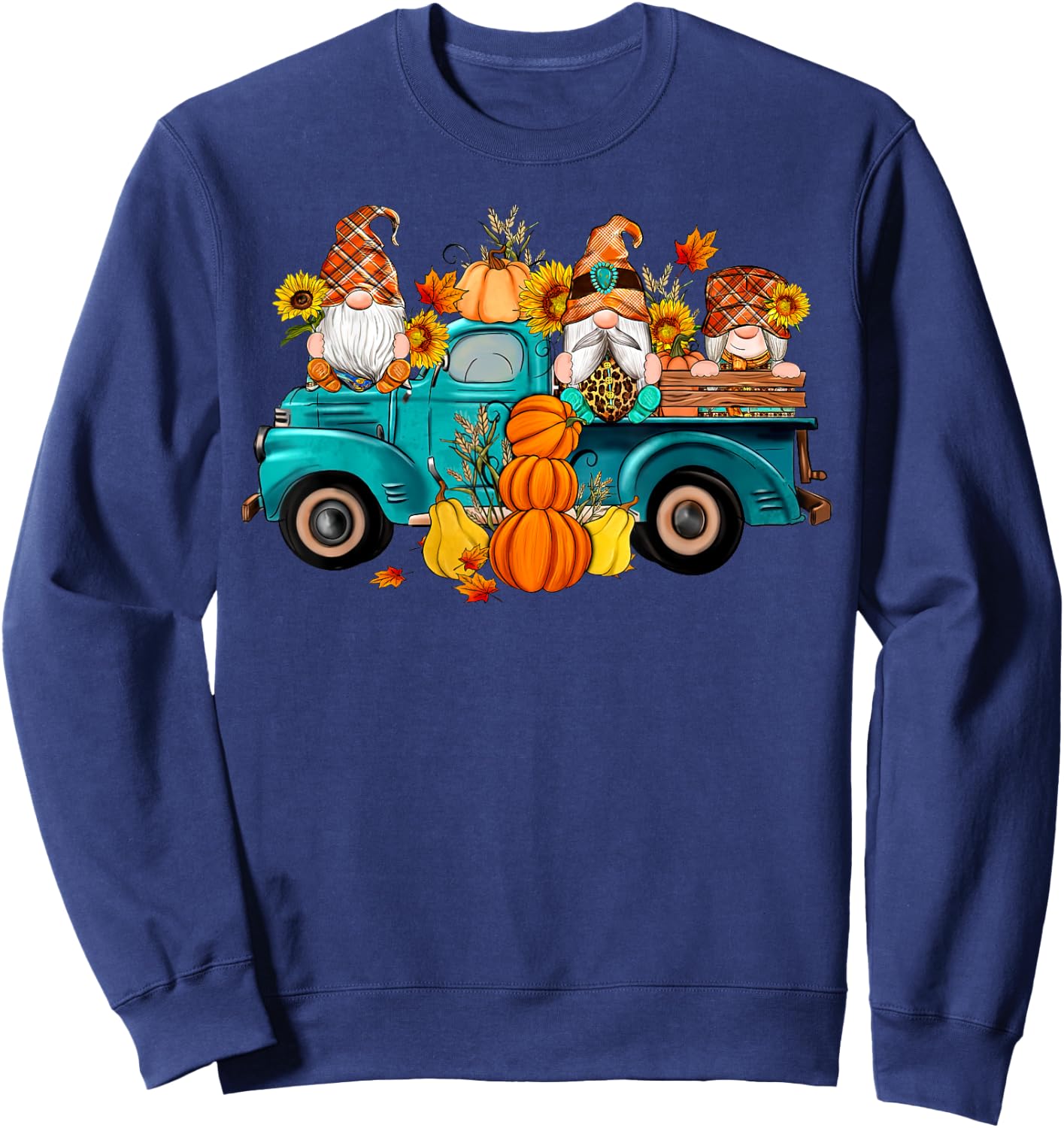 Cute Gnomes Truck Sunflower Pumpkin Fall Autumn Season Sweatshirt - Sweatshirt | Navy