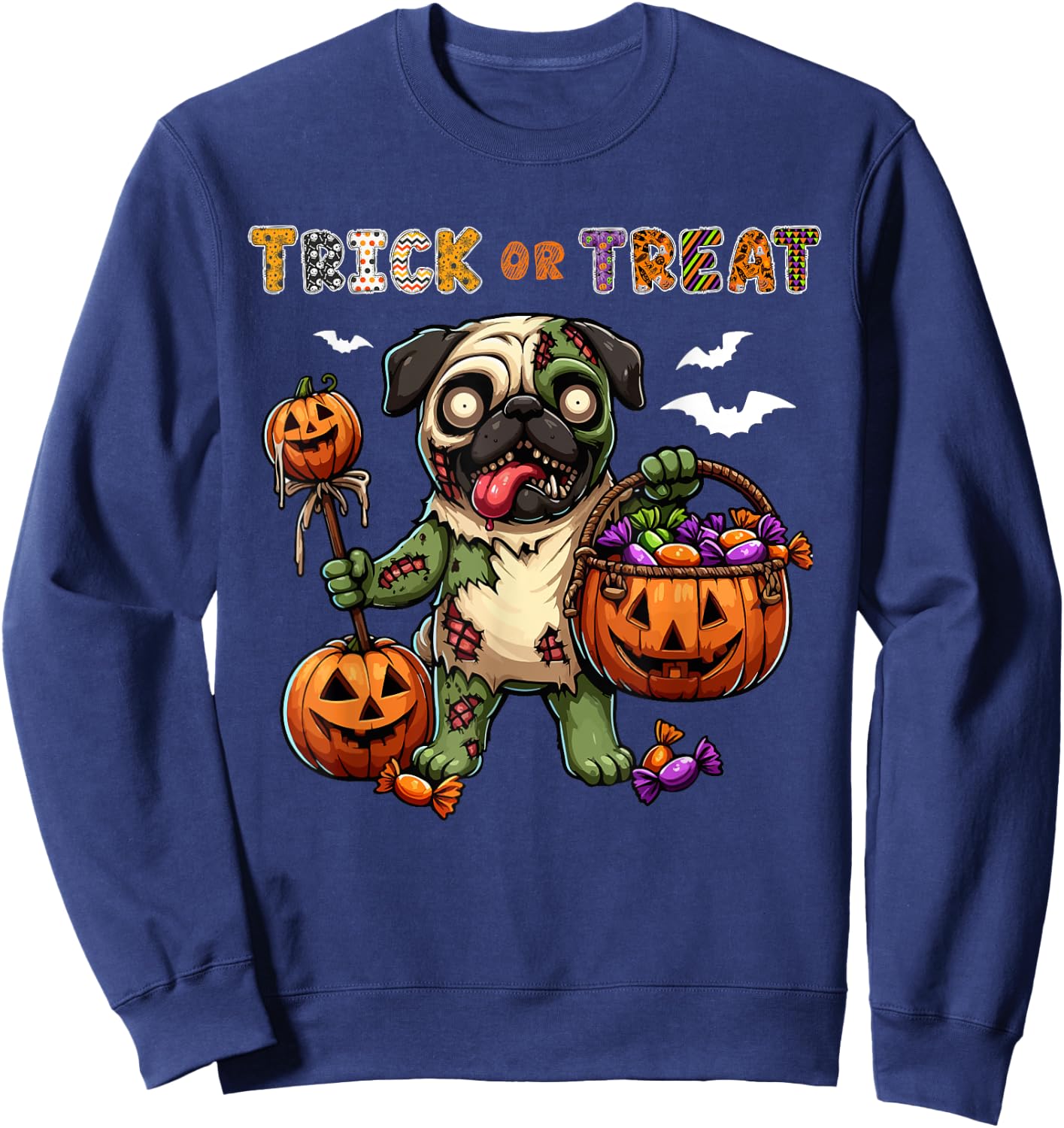 Trick Or Treat Costume Pug Horror Zombie Halloween Candies Sweatshirt - Sweatshirt | Navy