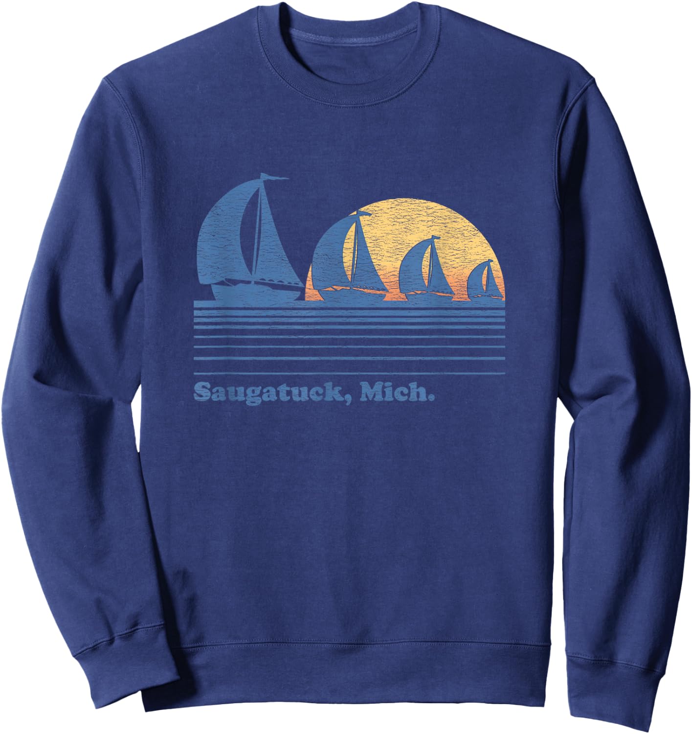 Saugatuck MI Sailboat Vintage 80s Sunset Sweatshirt - Sweatshirt | Navy
