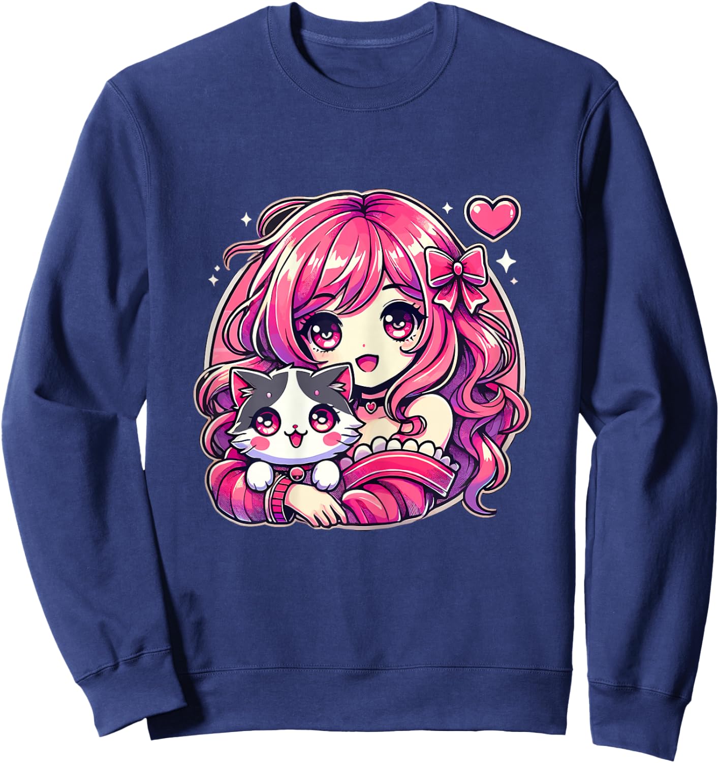 Anime Girl and Cat Kawaii Manga Girl Sweatshirt - Sweatshirt | Navy