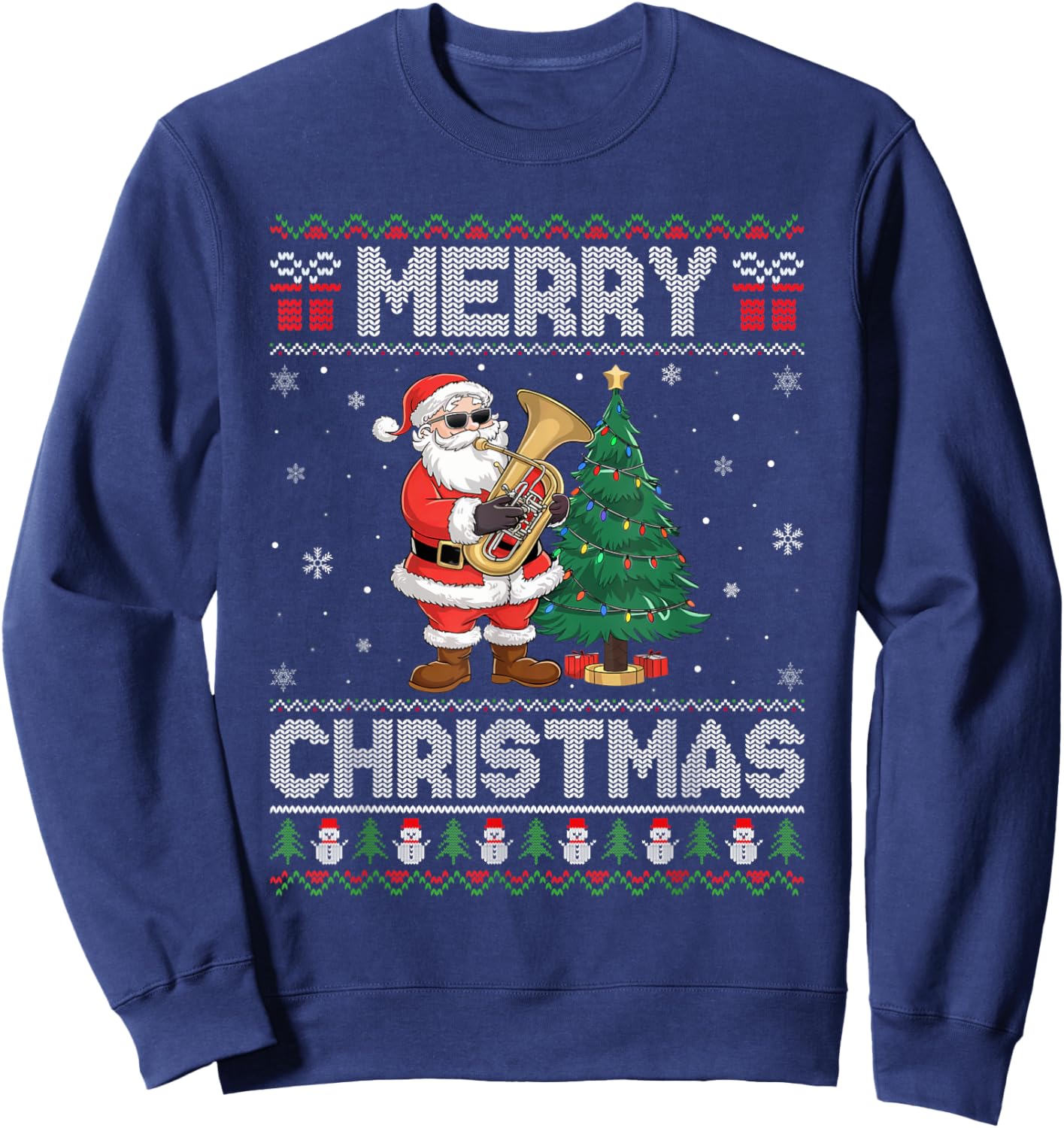 Santa Playing Tuba Men Women Kids Ugly Christmas Sweatshirt - Sweatshirt | Navy