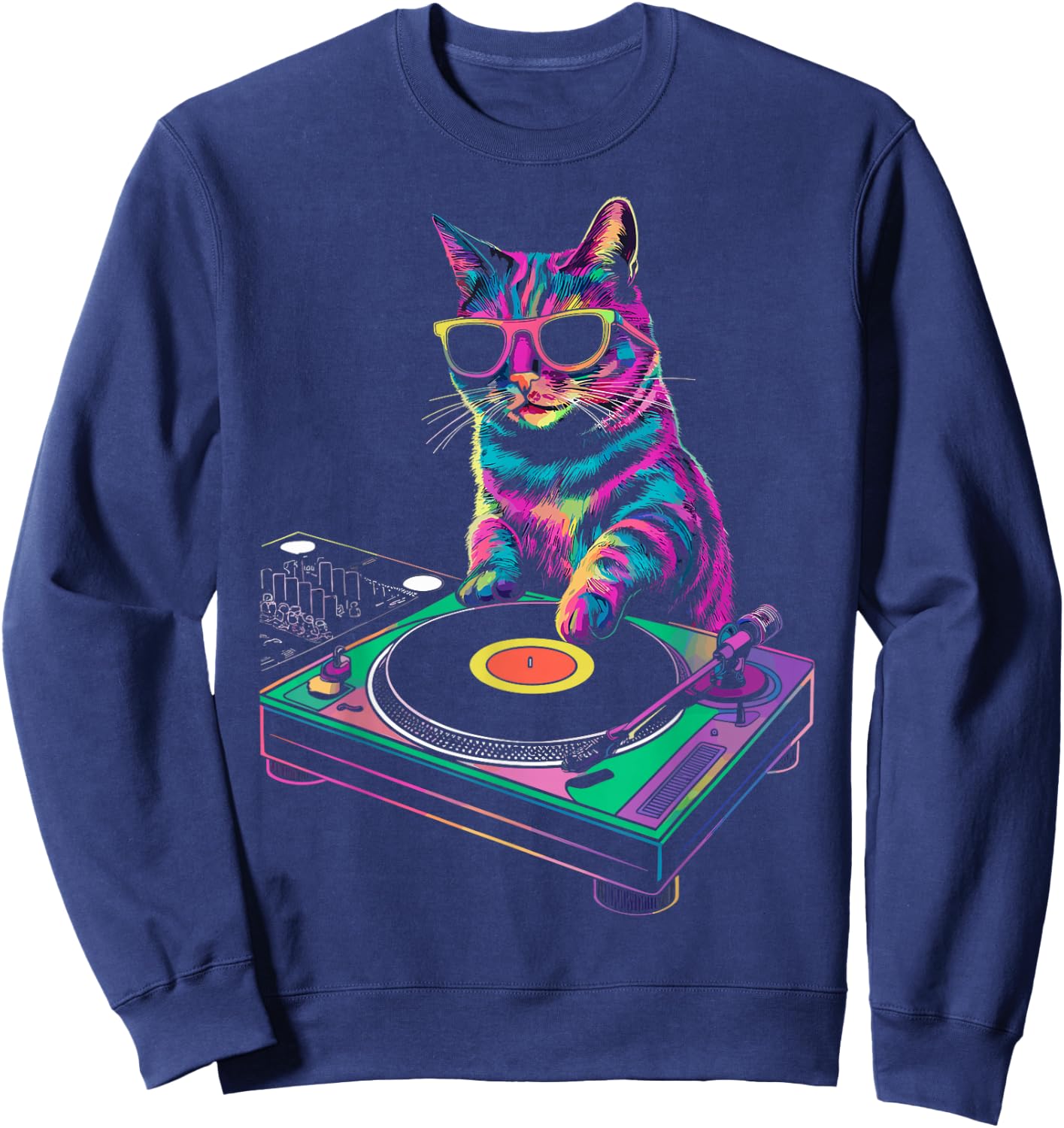 House DJ Cat Rainbow DJ Cat Kitty on Turntable Disco DJ Cat Sweatshirt - Sweatshirt | Navy
