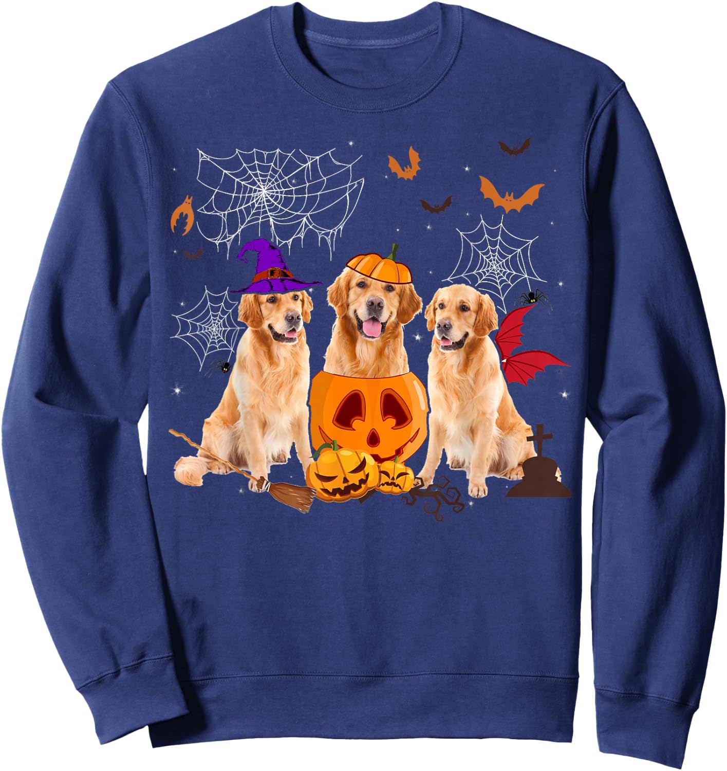Funny Pumpkin Witch Golden Retriever Dog Halloween Gifts Women Kids Sweatshirt - Sweatshirt | Navy