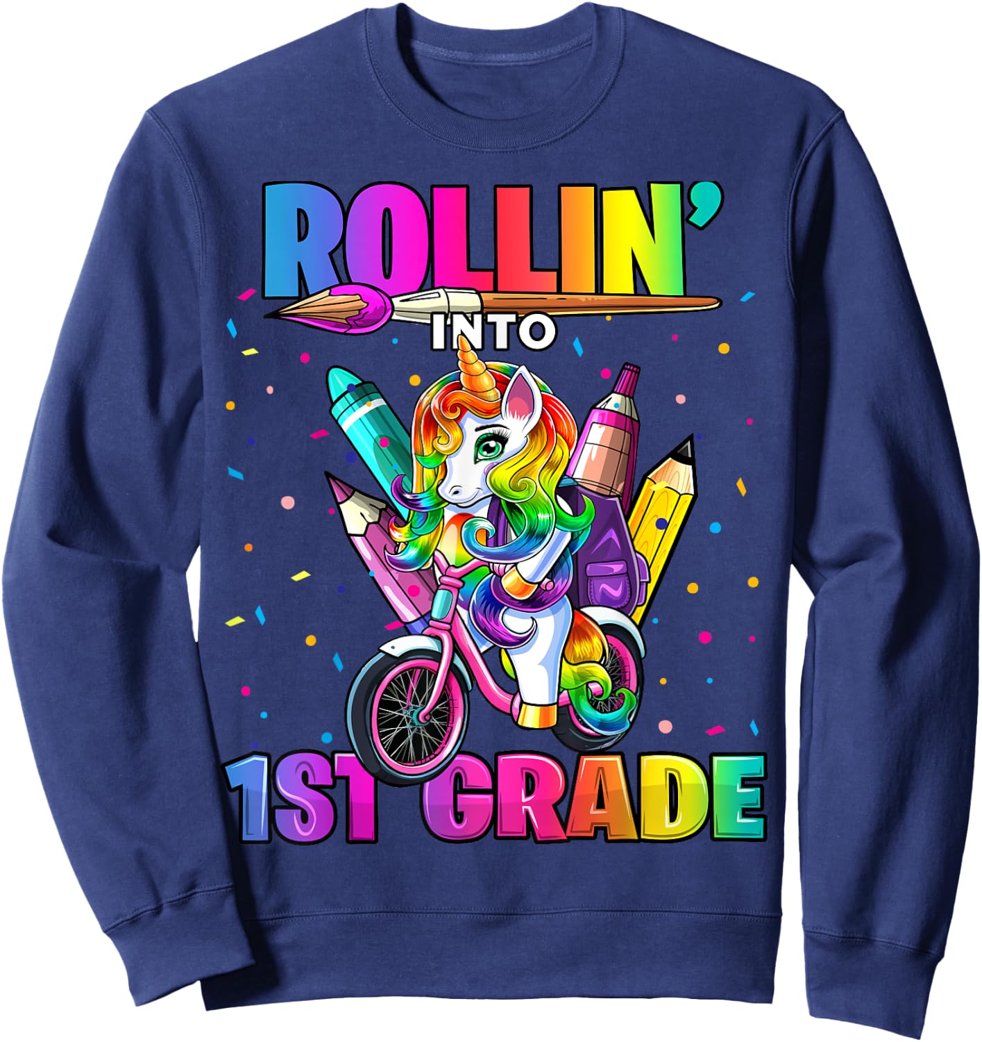 1st Grade Unicorn Back to School First Day of School Girls Sweatshirt - Sweatshirt | Navy