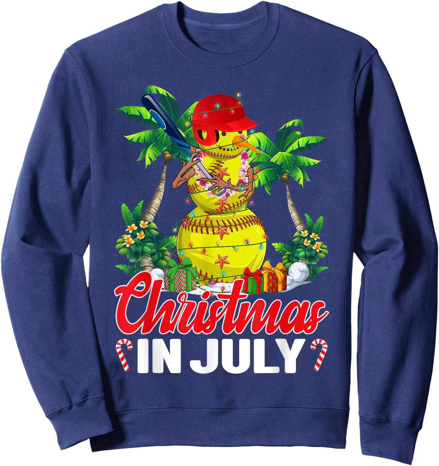 Funny Softball Santa Hat Hawaiian Christmas In July Summer Sweatshirt - Sweatshirt | Navy