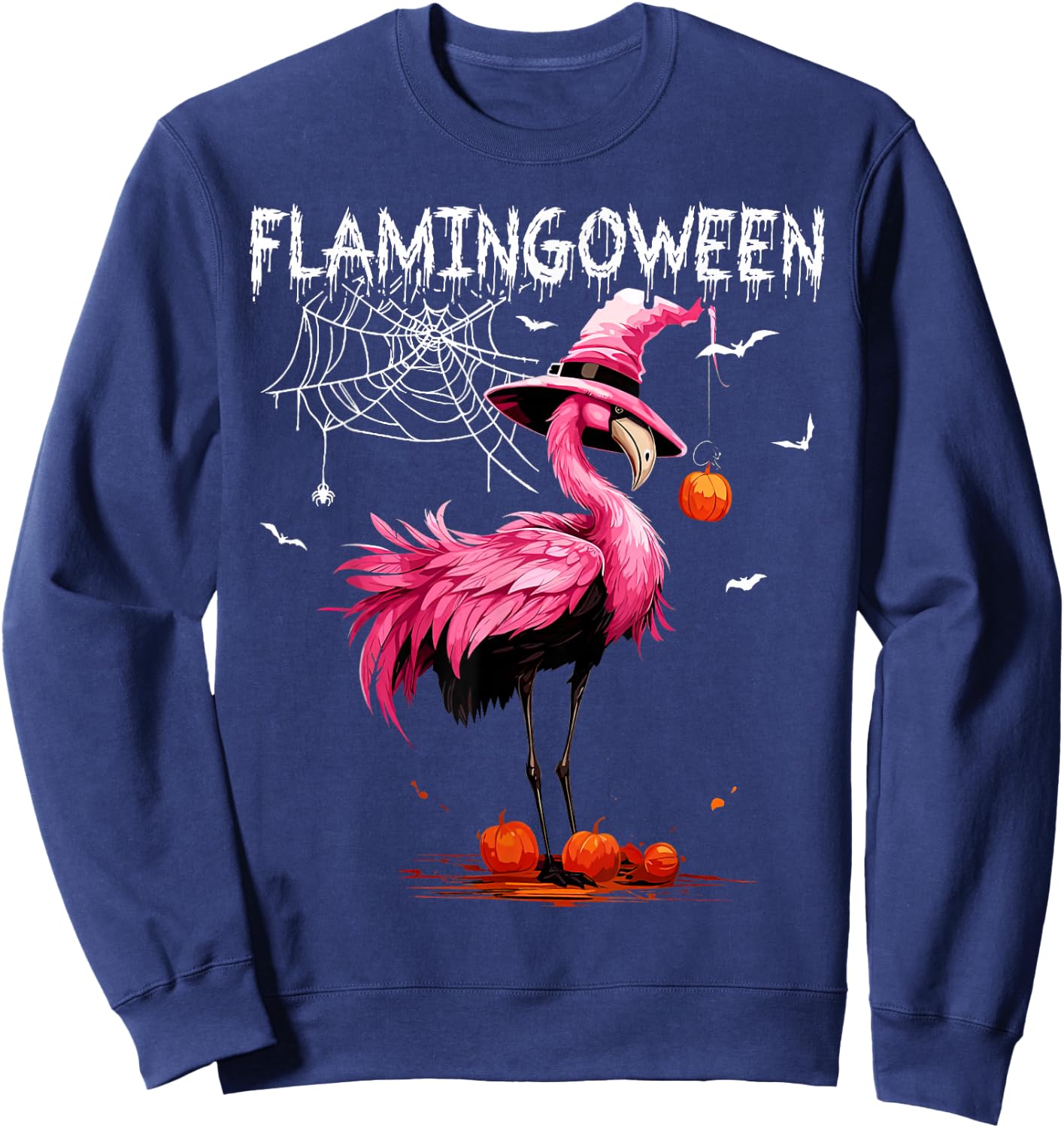 Flamingoween Pink Flamingo Witch Hat Pumpkin Halloween Sweatshirt - Sweatshirt | Navy