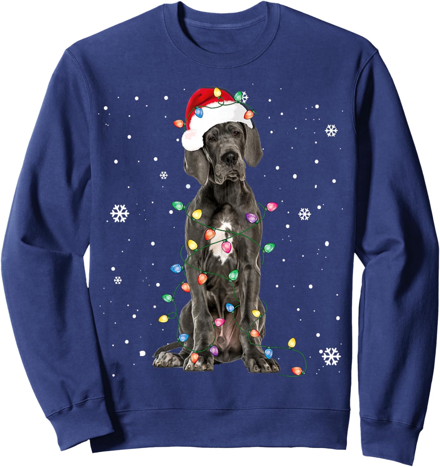 Great Dane Christmas Santa Hat Fairy Lights Pajama Dog Lover Sweatshirt - Sweatshirt | Navy