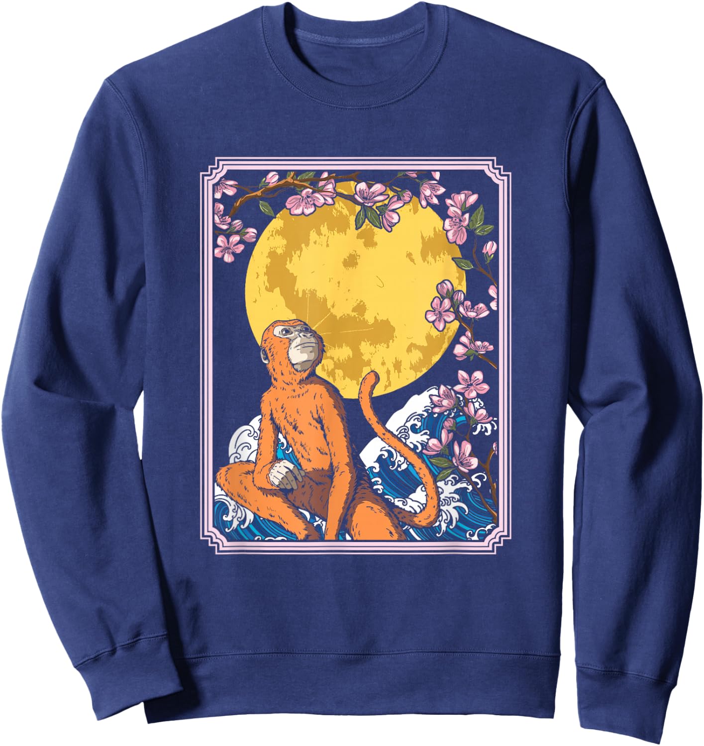 Japan Monkey Ape Animal - Primate Cherry Blossom Moon Sweatshirt - Sweatshirt | Navy
