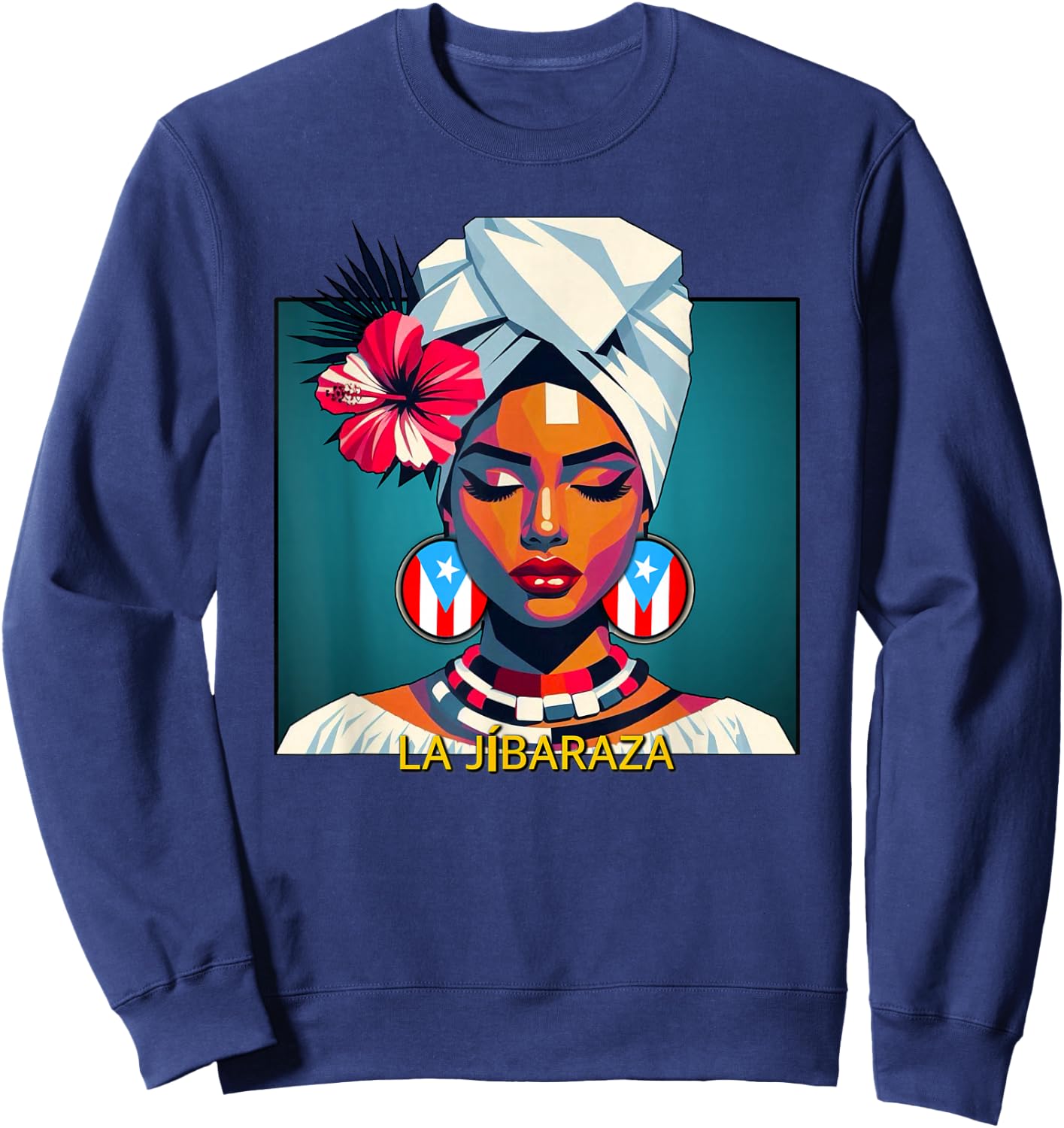 Jibaraza, Boricua Flag, Puerto Rican Jíbara Hibiscus Flower Sweatshirt - Sweatshirt | Navy