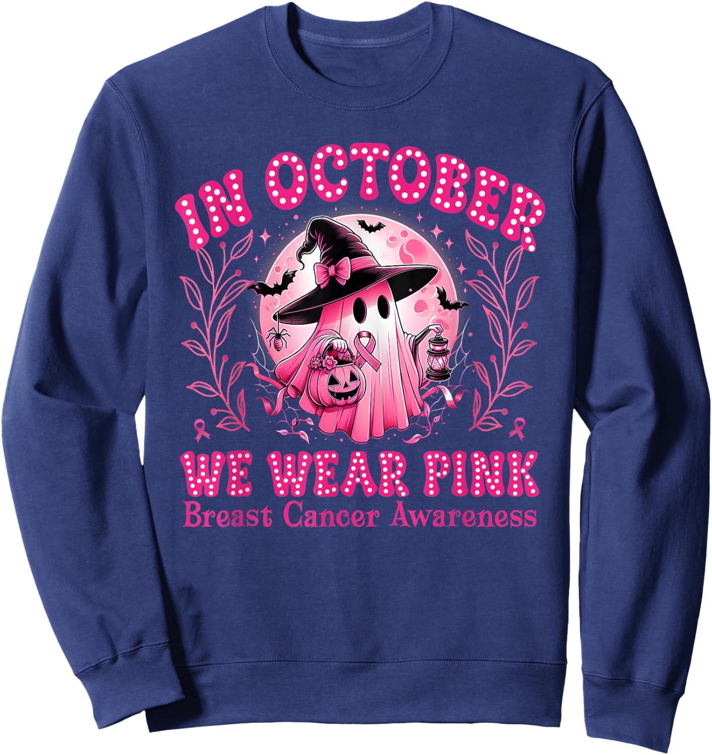 Breast Cancer Awareness In October We Wear Pink Ghost Witch Sweatshirt - Sweatshirt | Navy