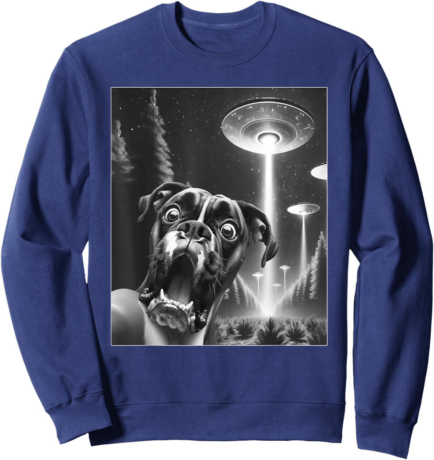 Funny Boxer Dog Alien UFO Taking a Selfie Dog Mom Dad Men Women Girls Kids Sweatshirt - Sweatshirt | Navy