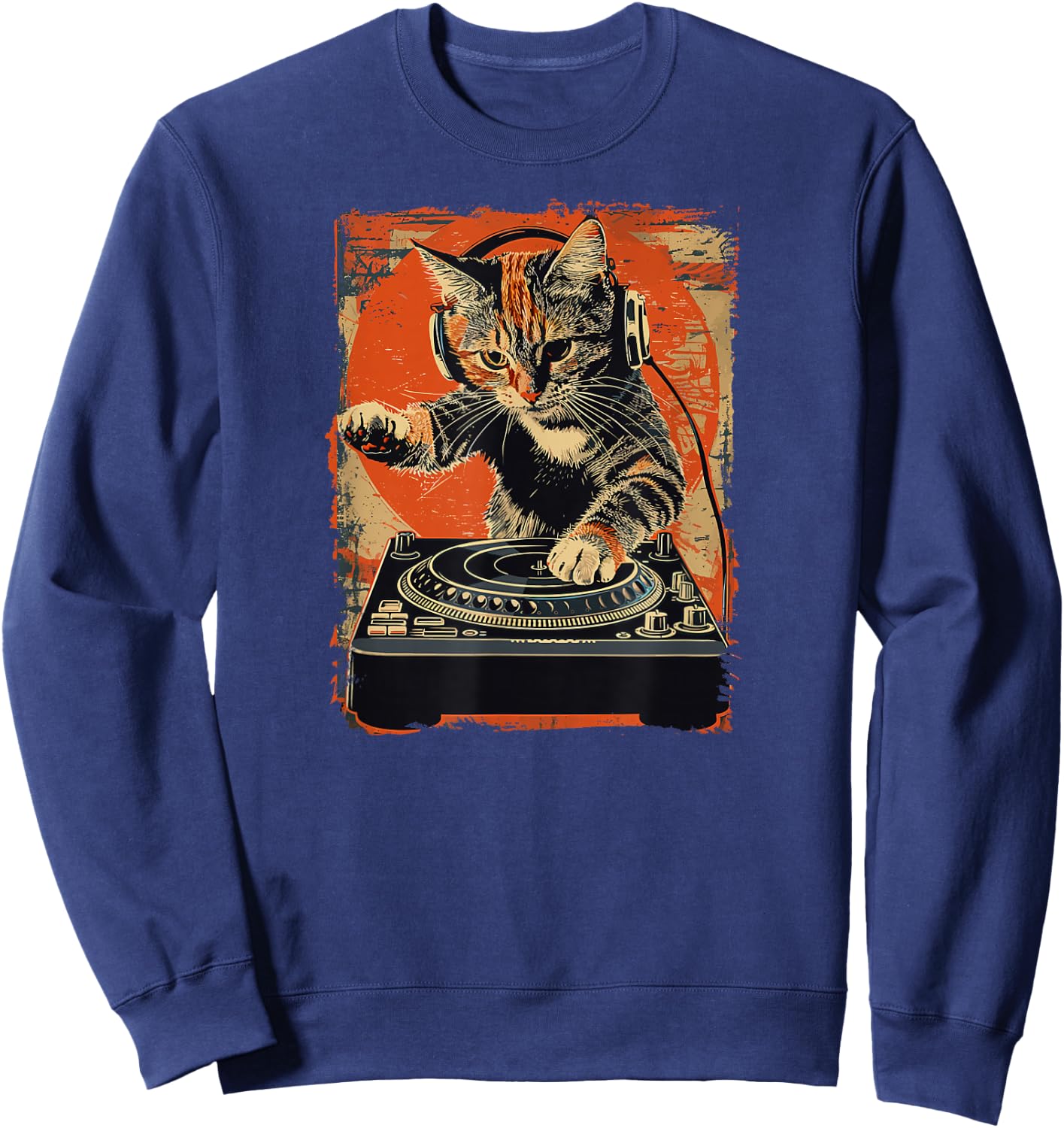 Funny DJ Cat Disco Sound Tech Headphone Music Women Sweatshirt - Sweatshirt | Navy