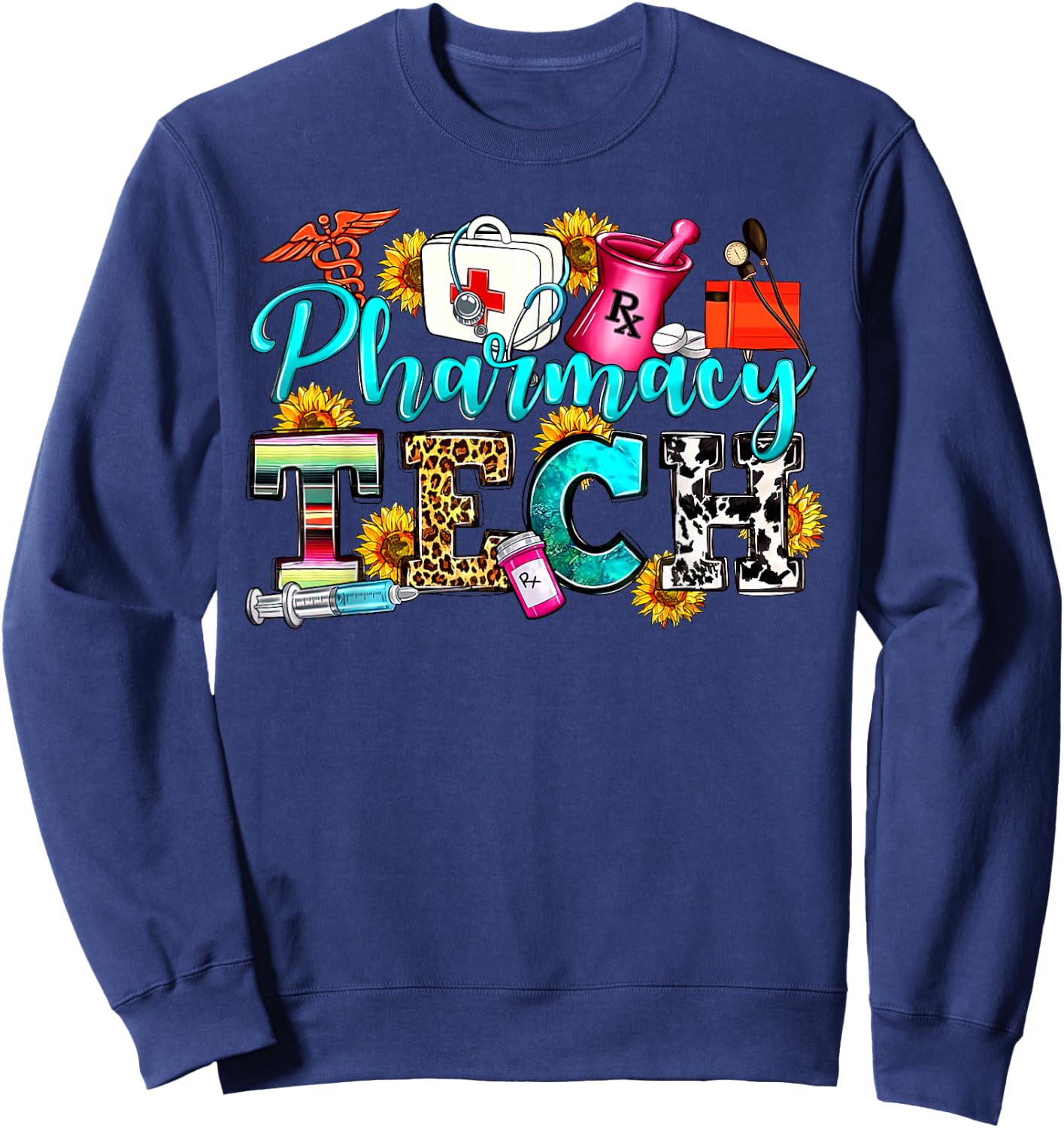 Retro Leopard Pharmacy Tech Pharmacist Certified Pharm Tech Sweatshirt - Sweatshirt | Navy
