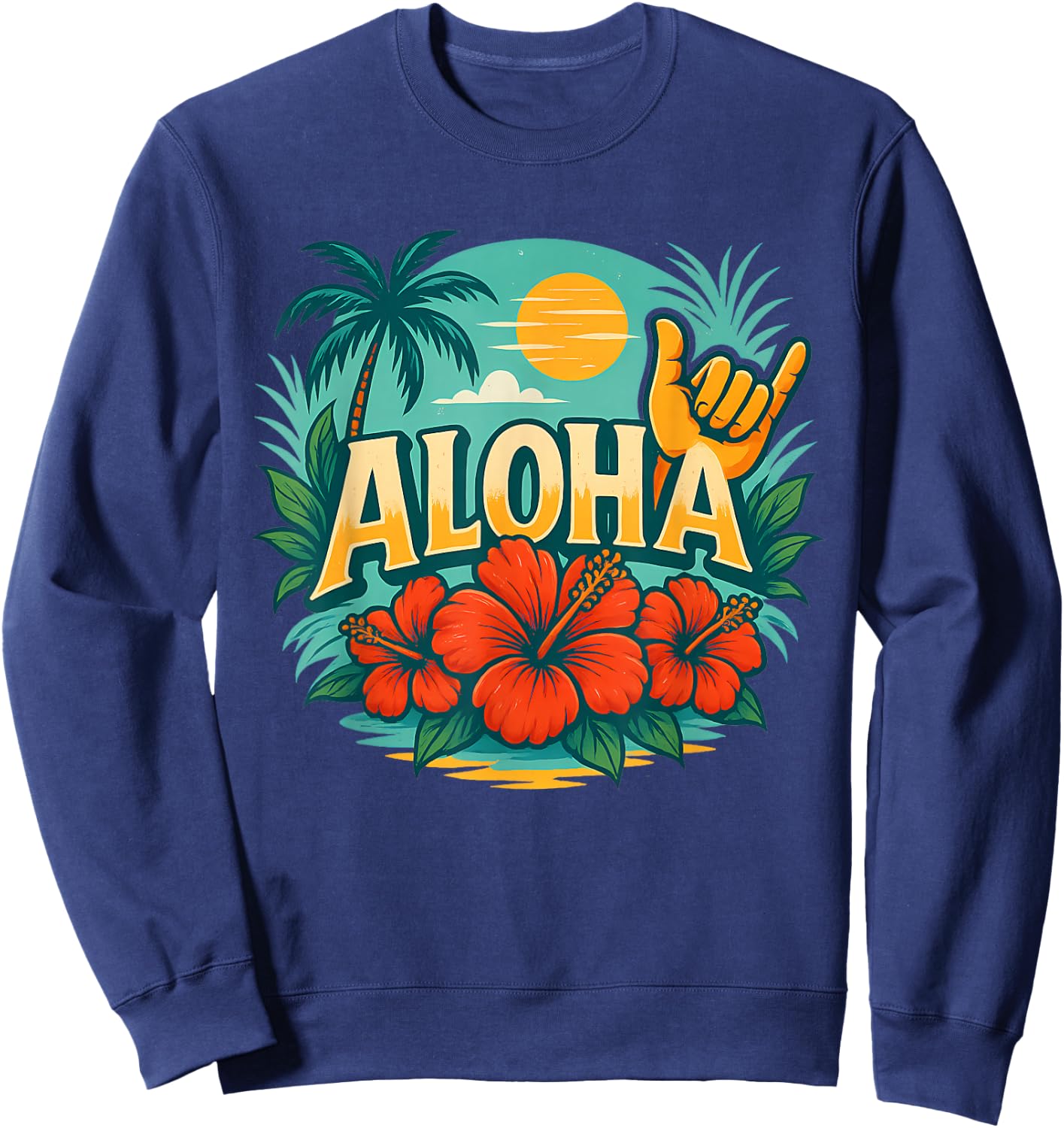 Cute Aloha Hawaiian Summer Vacation Hibiscus Shaka Girl Kids Sweatshirt - Sweatshirt | Navy