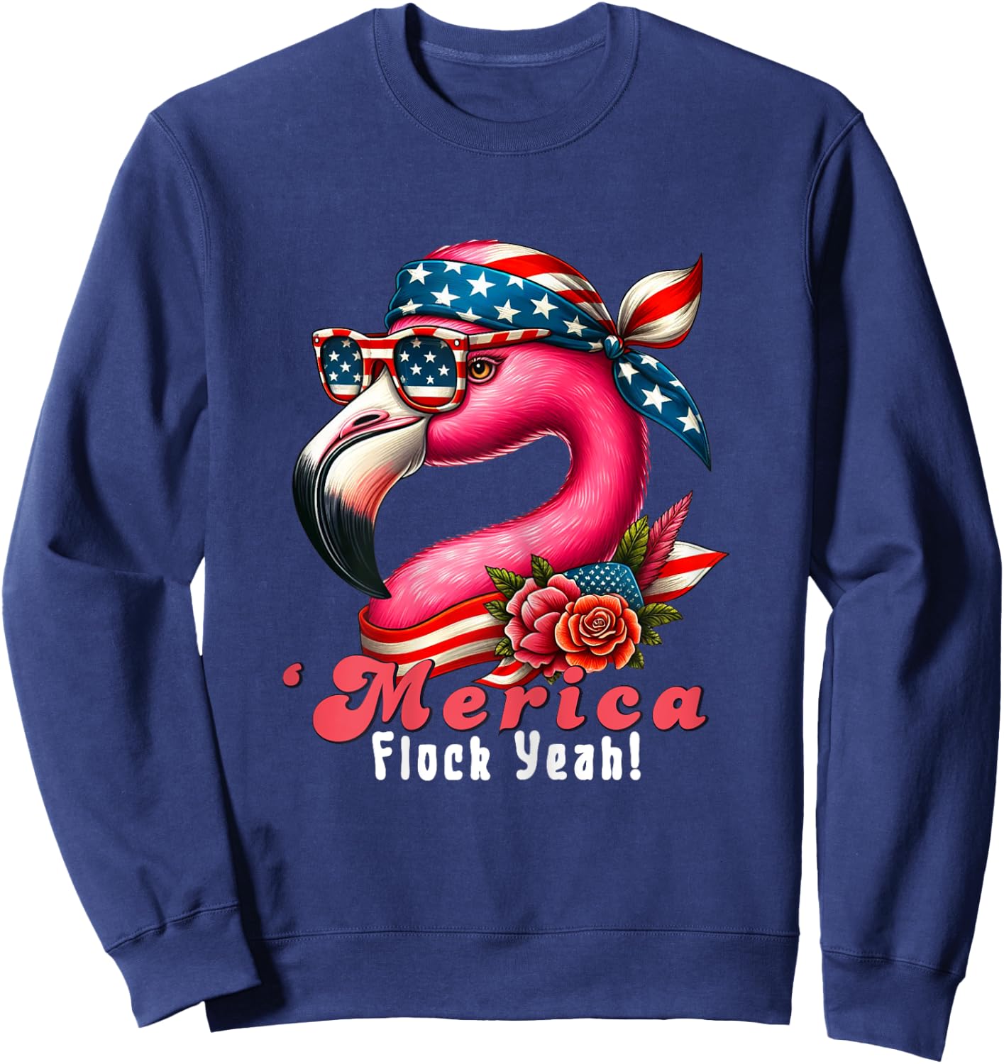 Merica Flock Yeah Patriotic Flamingo 4th of July Usa Flag Women Sweatshirt - Sweatshirt | Navy