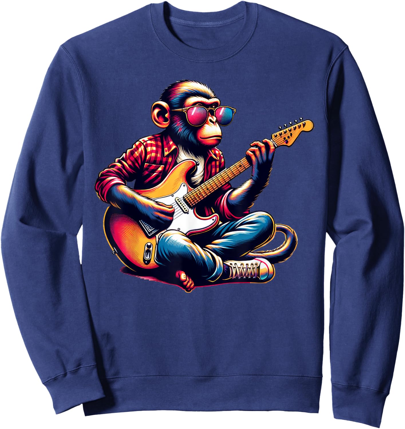 Monkey Wearing Sunglasses Playing Guitar Musician Music Sweatshirt - Sweatshirt | Navy