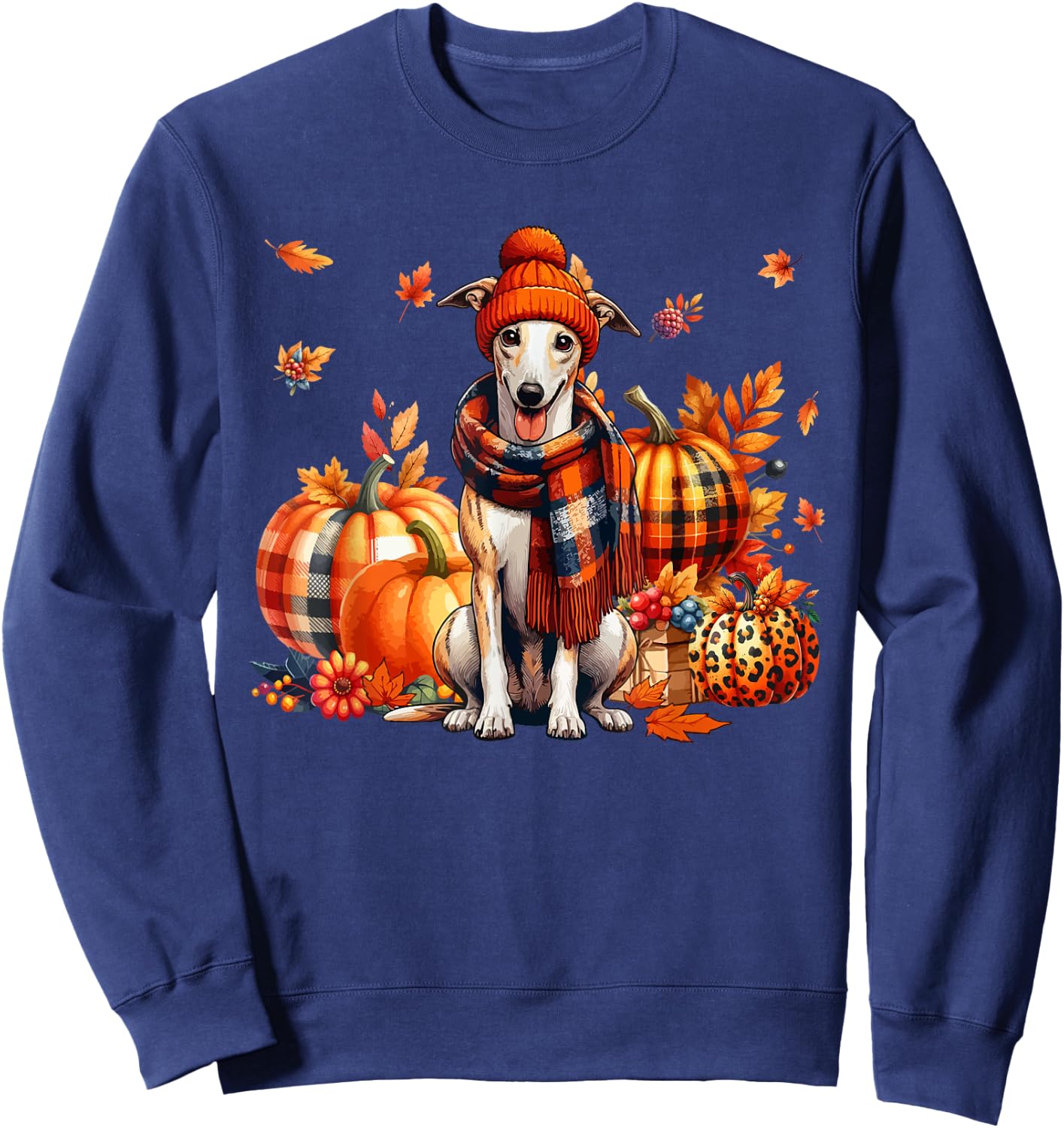 Whippet Thanksgiving Leopard Pumpkins Fall Leaves Lover Sweatshirt - Sweatshirt | Navy
