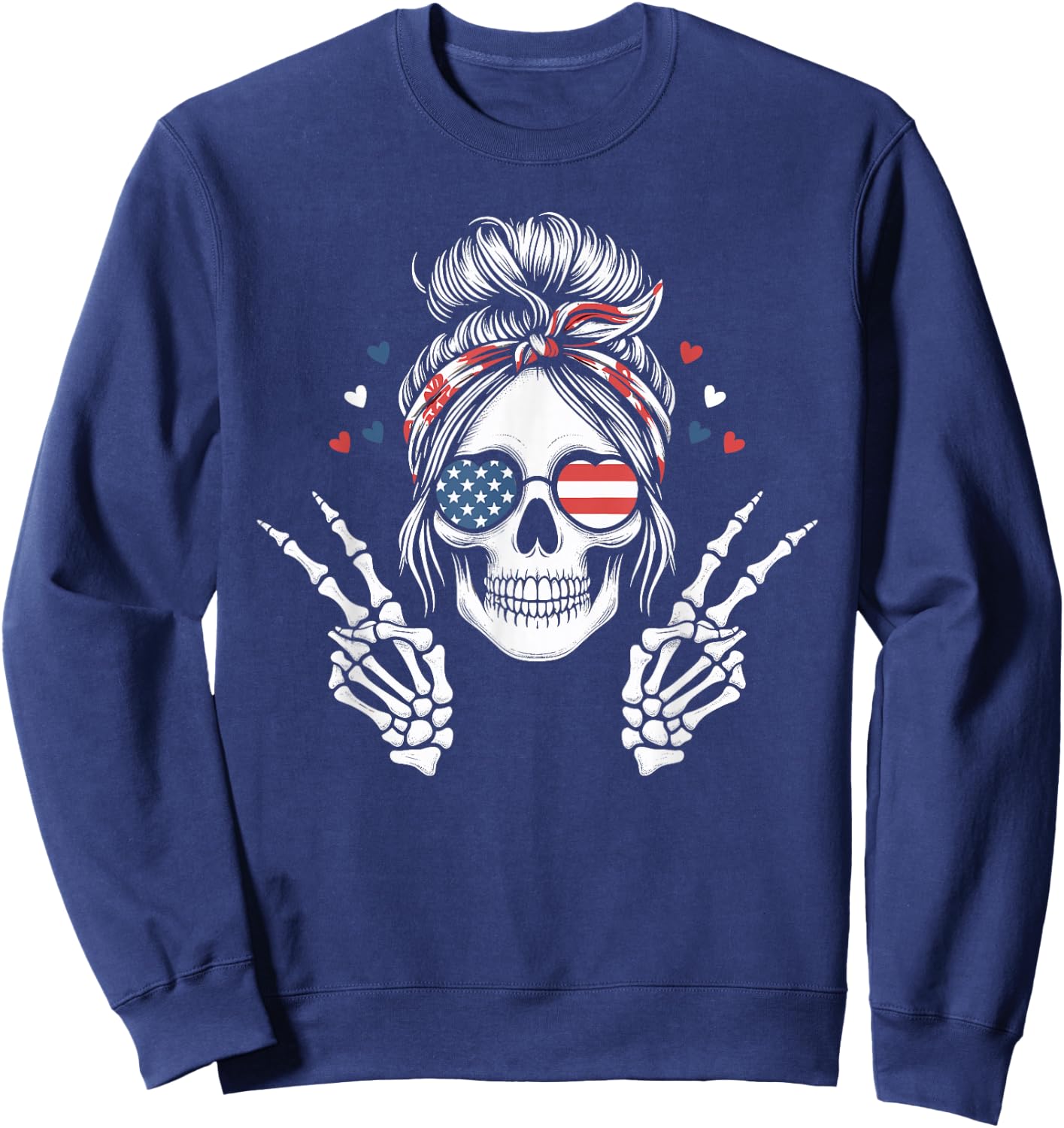 Patriotic American Flag Skull Messy Bun Peace USA 4th July Sweatshirt - Sweatshirt | Navy