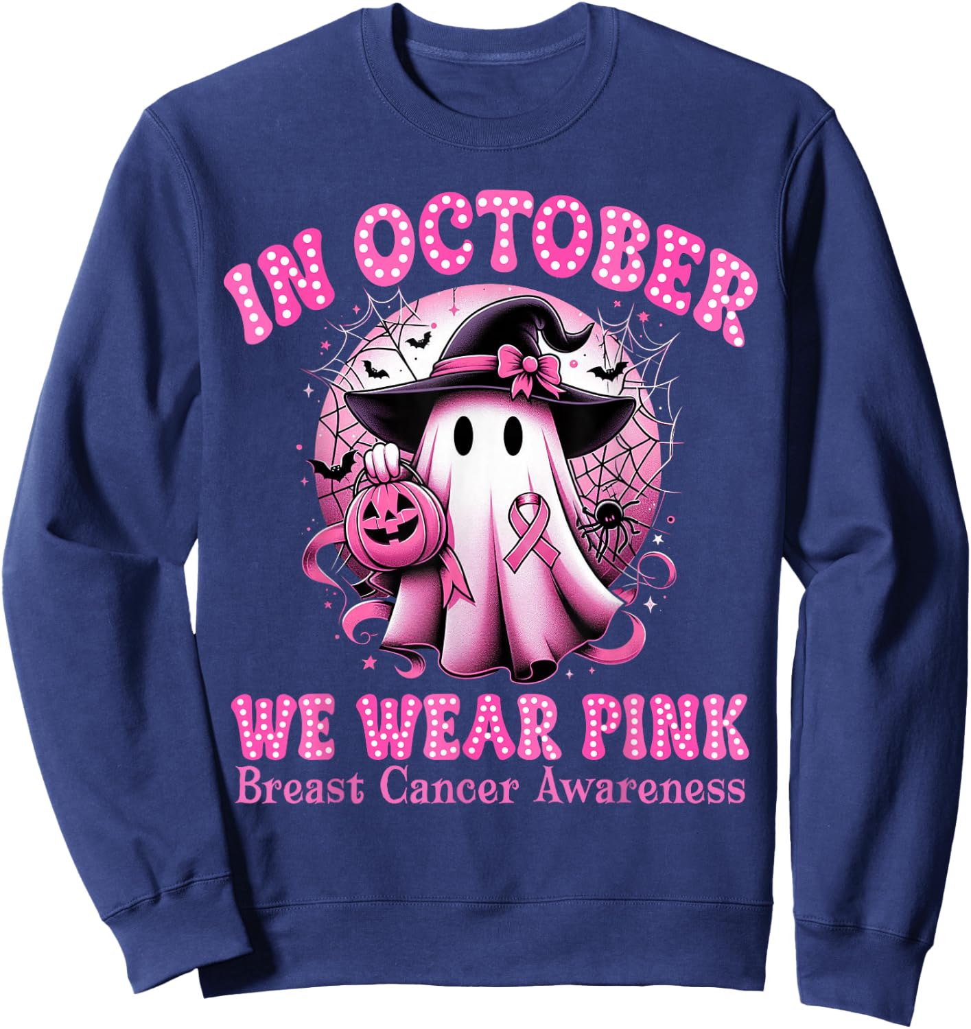 Breast Cancer In October We Wear Pink Witch Ghost Halloween Sweatshirt - Sweatshirt | Navy