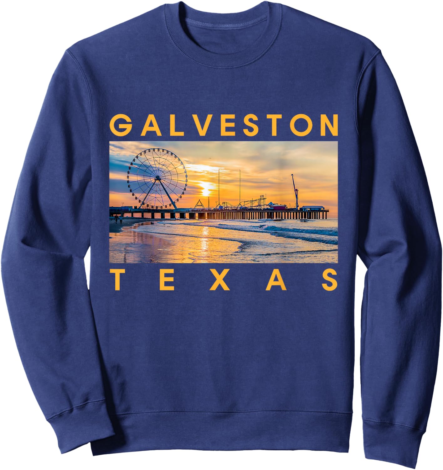 Texas Galveston Beach Pier Amusement Park Skyline In Sunset Sweatshirt - Sweatshirt | Navy