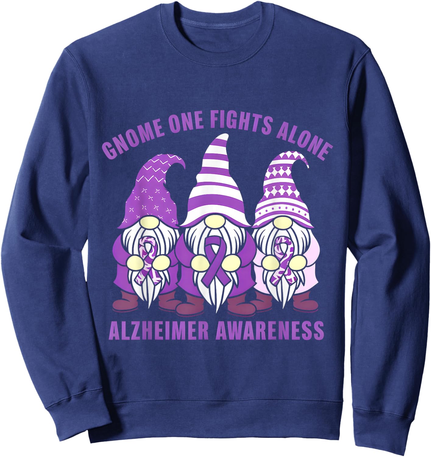 Gnome One Fights Alone Alzheimer Awareness Purple Ribbon Sweatshirt - Sweatshirt | Navy