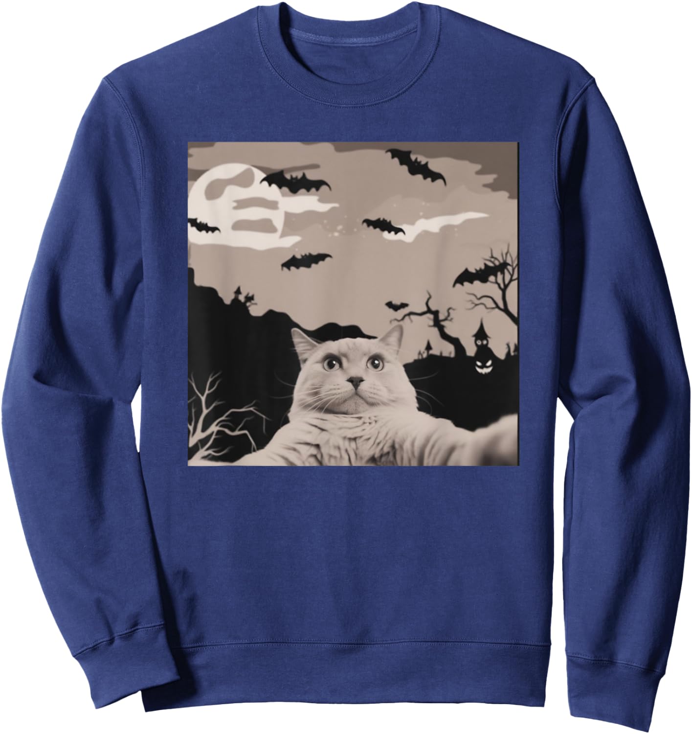 Cat Selfie With Halloween Background Funny Cat Gifts Sweatshirt - Sweatshirt | Navy