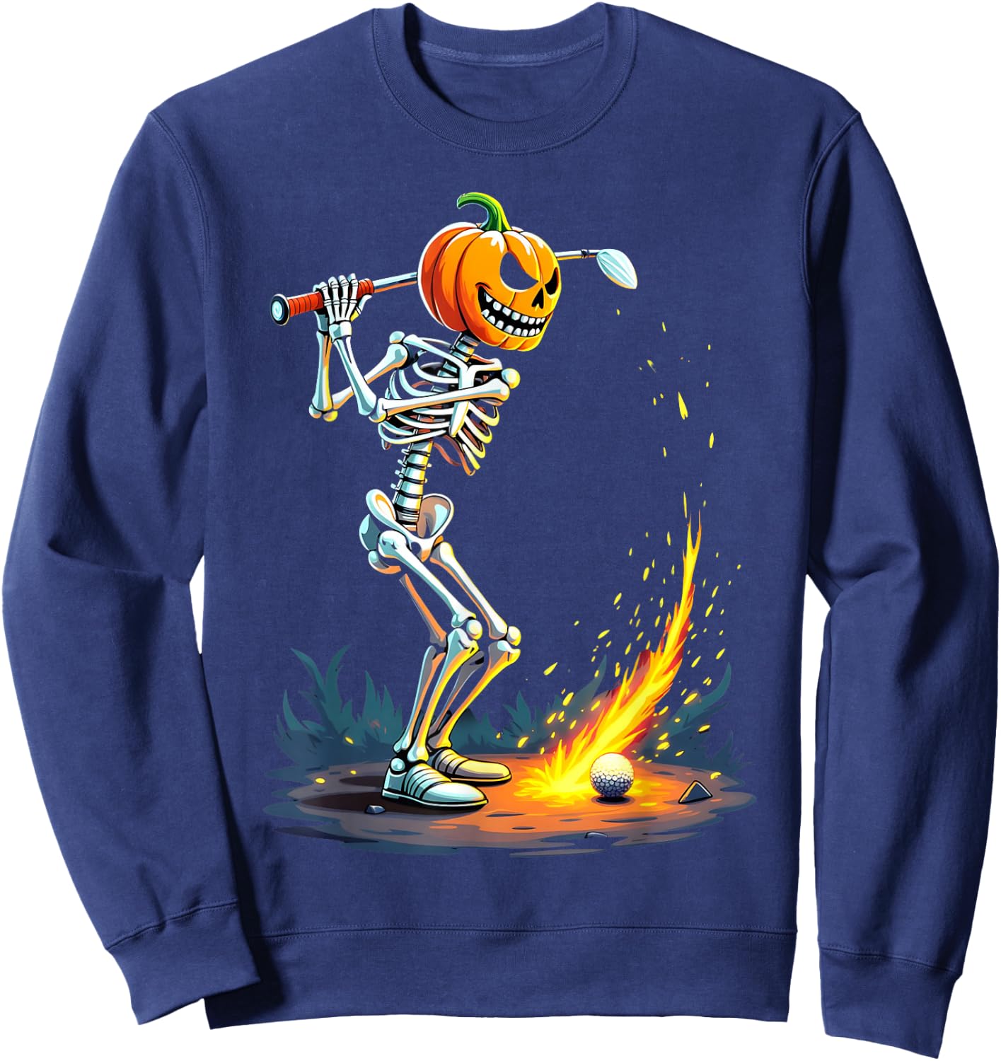 Pumpkin Head Skeleton Playing Golf Fireball Sweatshirt - Sweatshirt | Navy