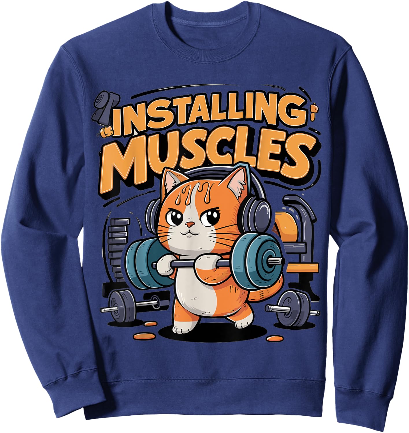 Funny Cat Installing Muscles Please Wait Lifting Barbell Women Girls Kids Sweatshirt - Sweatshirt | Navy