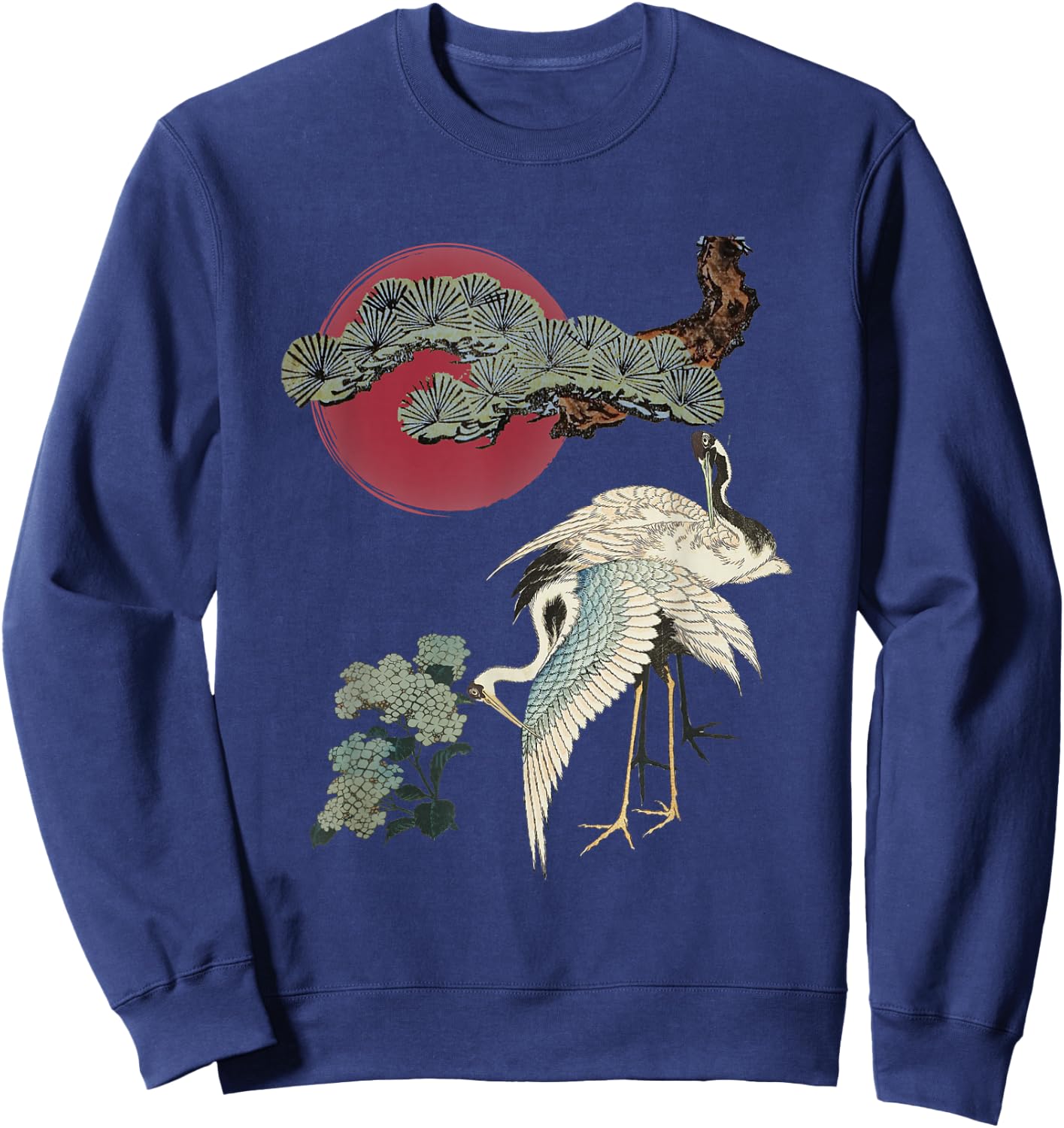 Japanese Crane and Pine Tree Art Elegant Traditional Design Sweatshirt - Sweatshirt | Navy