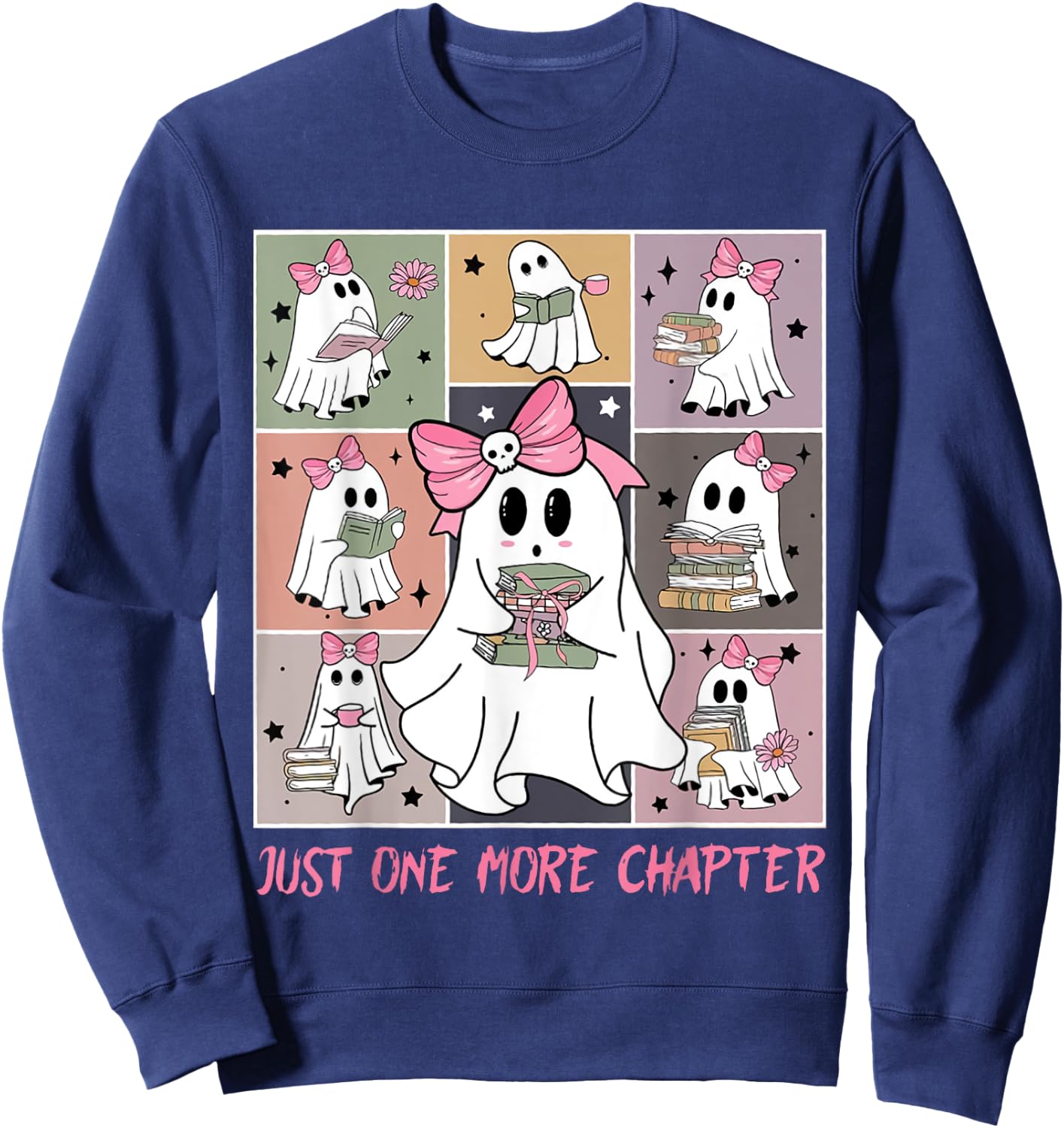 Just One More Chapter Cute Ghost Reading Book Halloween Sweatshirt - Sweatshirt | Navy