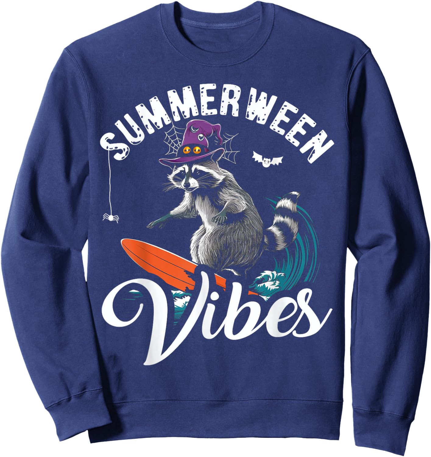 Summerween Vibes Raccoon Surfing Summer Halloween Vacation Sweatshirt - Sweatshirt | Navy