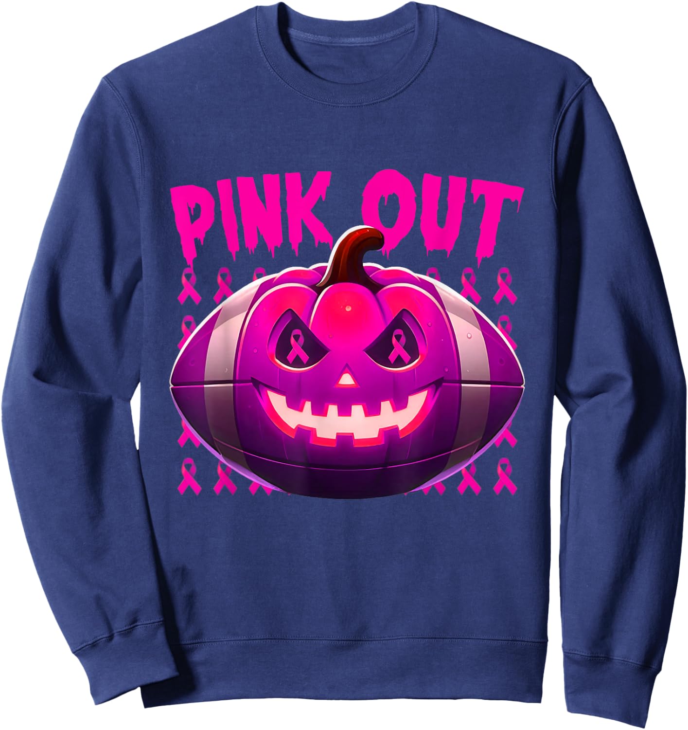 Pink Out Breast Cancer Awareness Football Halloween Pumpkin Sweatshirt - Sweatshirt | Navy