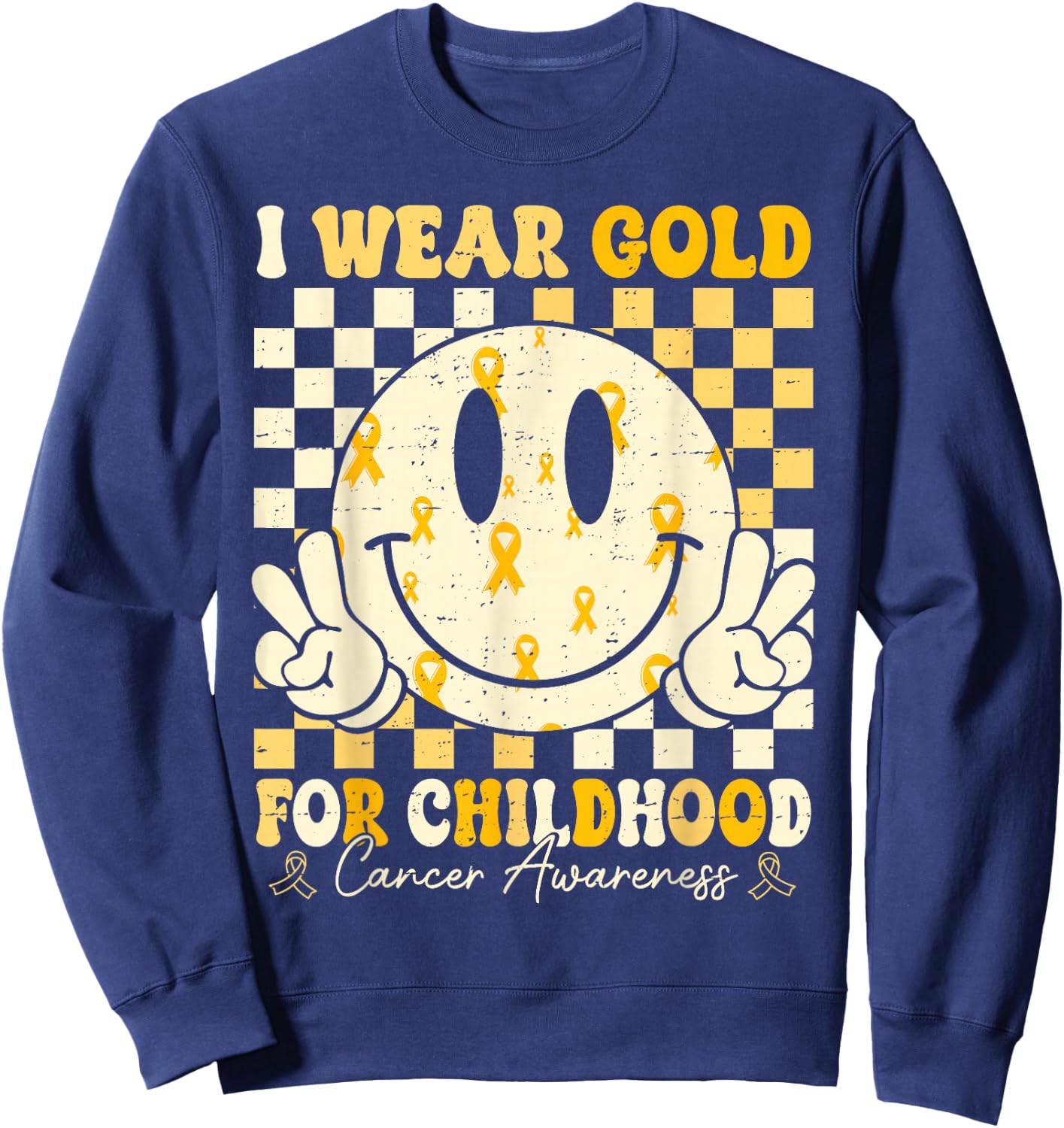 Retro I Wear Gold For Childhood Cancer Awareness Gold Ribbon Sweatshirt - Sweatshirt | Navy