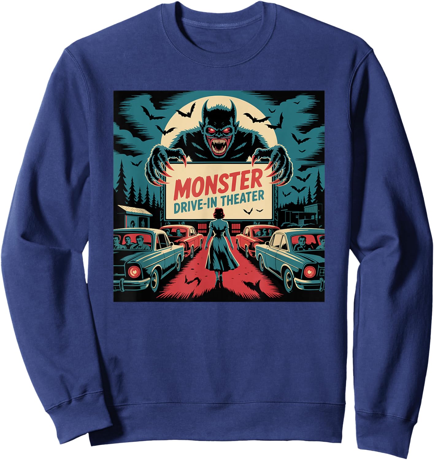 Retro Monster Drive-In Horror Movie Art Vintage Sweatshirt - Sweatshirt | Navy