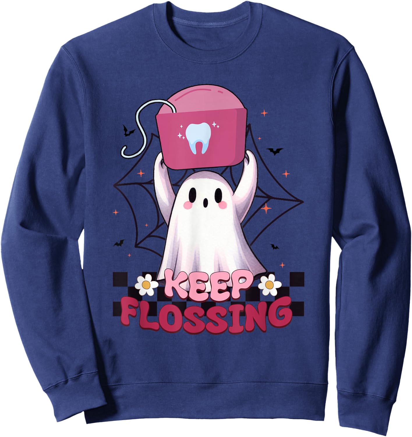 Keep Flossing Ghost Groovy Dental Hygiene Halloween Crew Sweatshirt - Sweatshirt | Navy